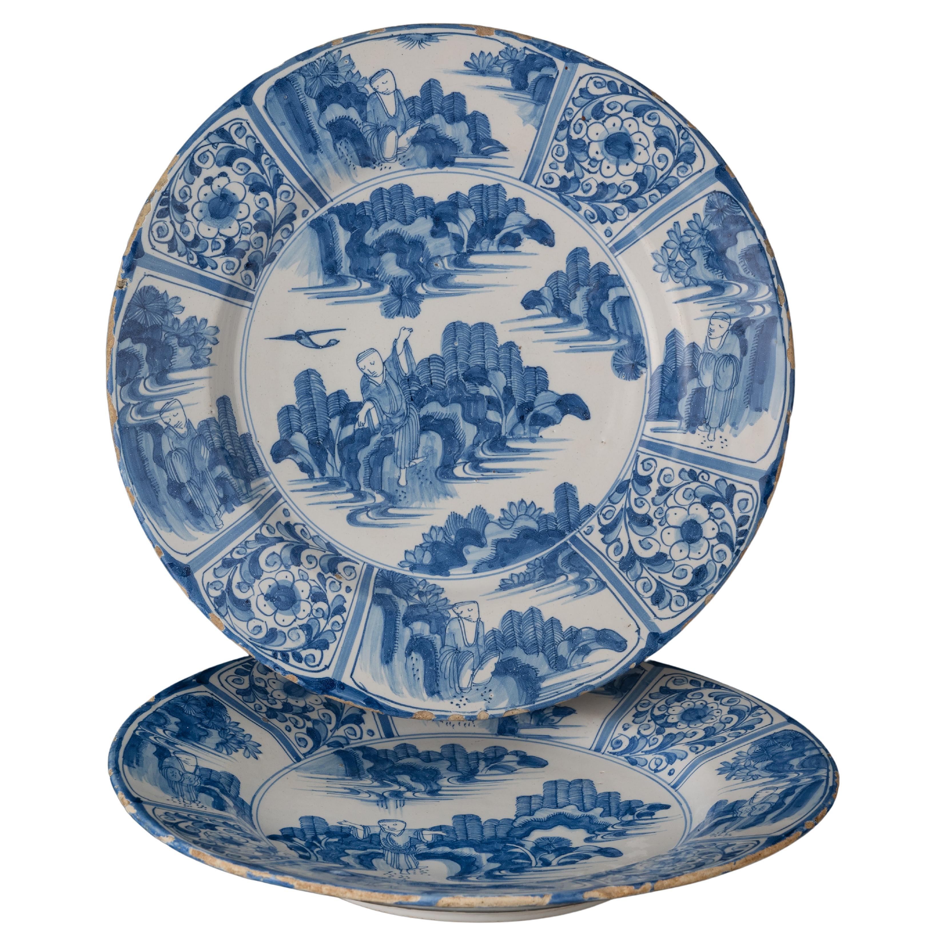 Delft 1670 Pair of Blue and White Chinoiserie Dishes Chinese Figure in Landscape For Sale