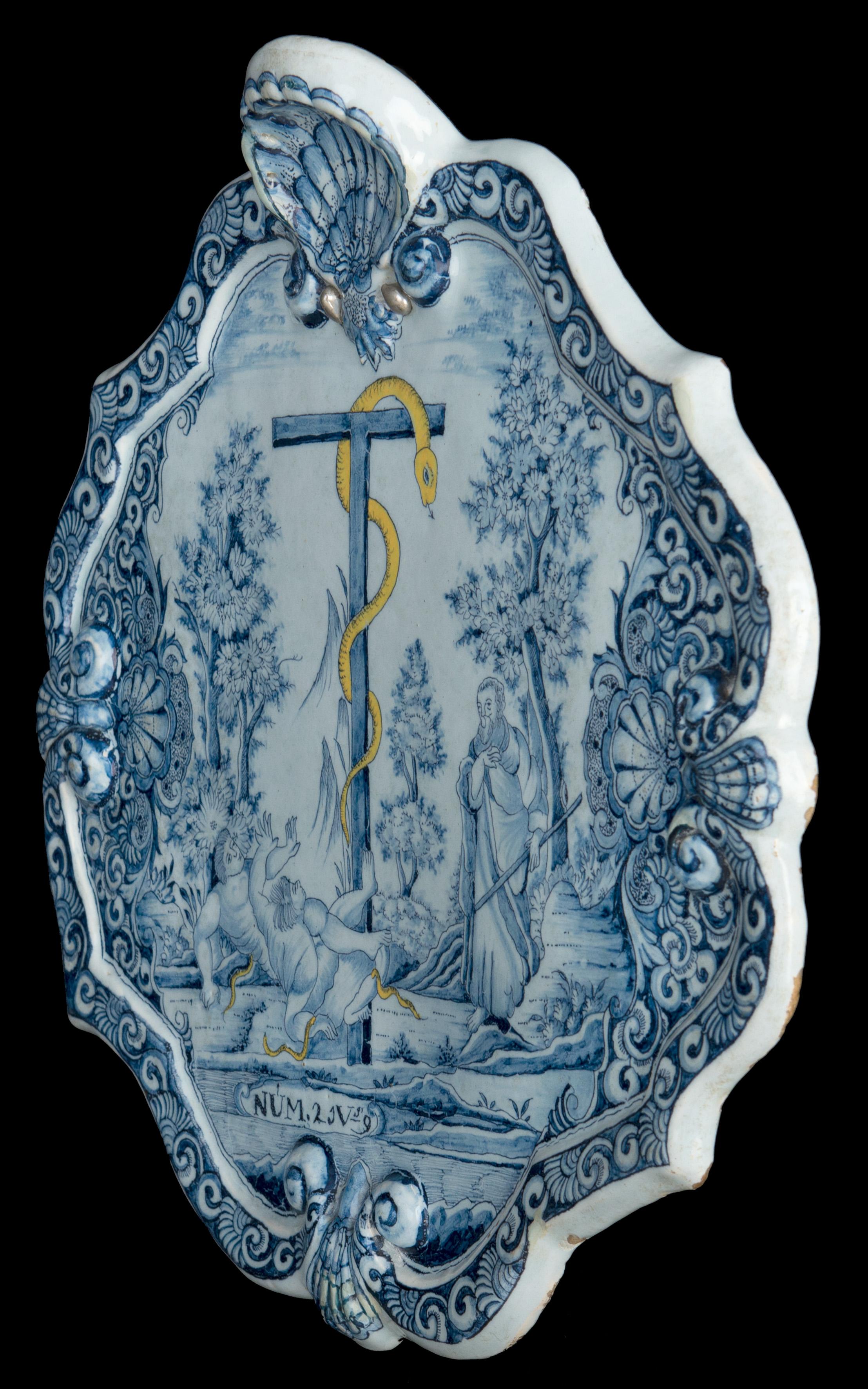 Dutch Delft, 1740-1760, Biblical ceramic Plaque with Moses and the Bronze Snake For Sale 1