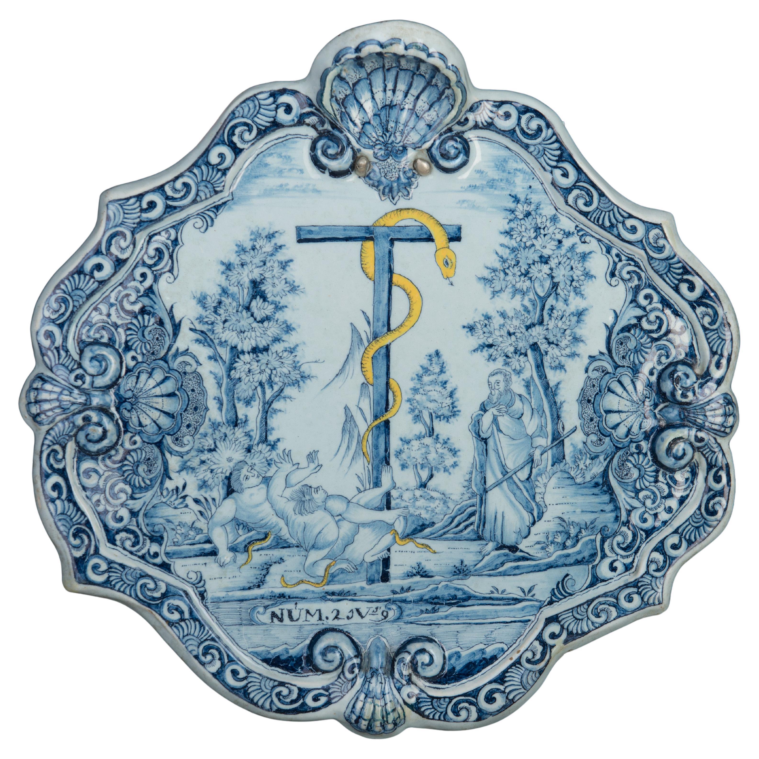 Dutch Delft, 1740-1760, Biblical ceramic Plaque with Moses and the Bronze Snake For Sale