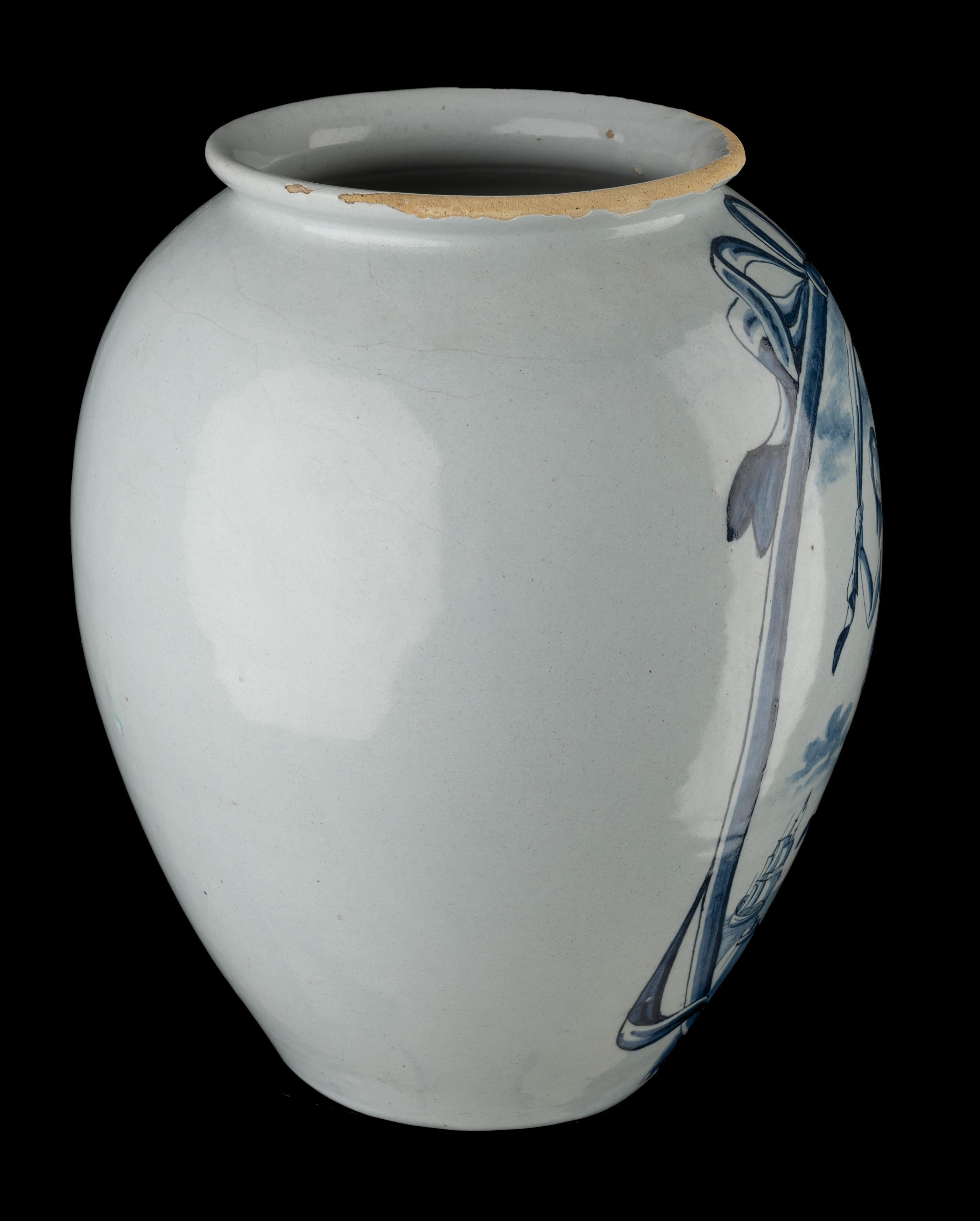 Vernissé Delft 1750 - 1800 Grand pot à tabac bleu et blanc 'No. 12' Marque : Lpkan en vente