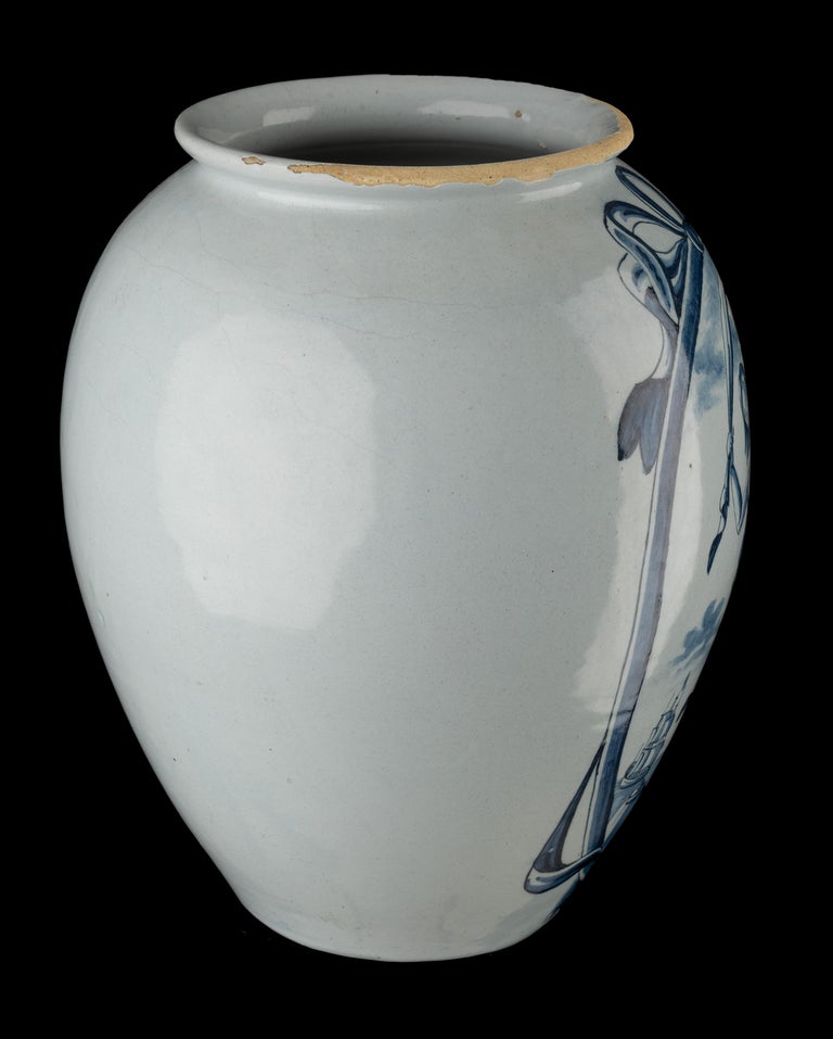 Glazed Delft 1750 - 1800 Large Blue and White Tobacco Jar ‘No. 12’ Mark: Lpkan For Sale