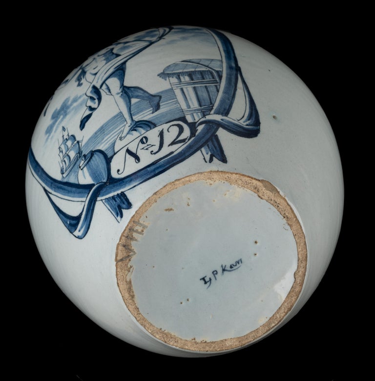 Ceramic Delft 1750 - 1800 Large Blue and White Tobacco Jar ‘No. 12’ Mark: Lpkan For Sale
