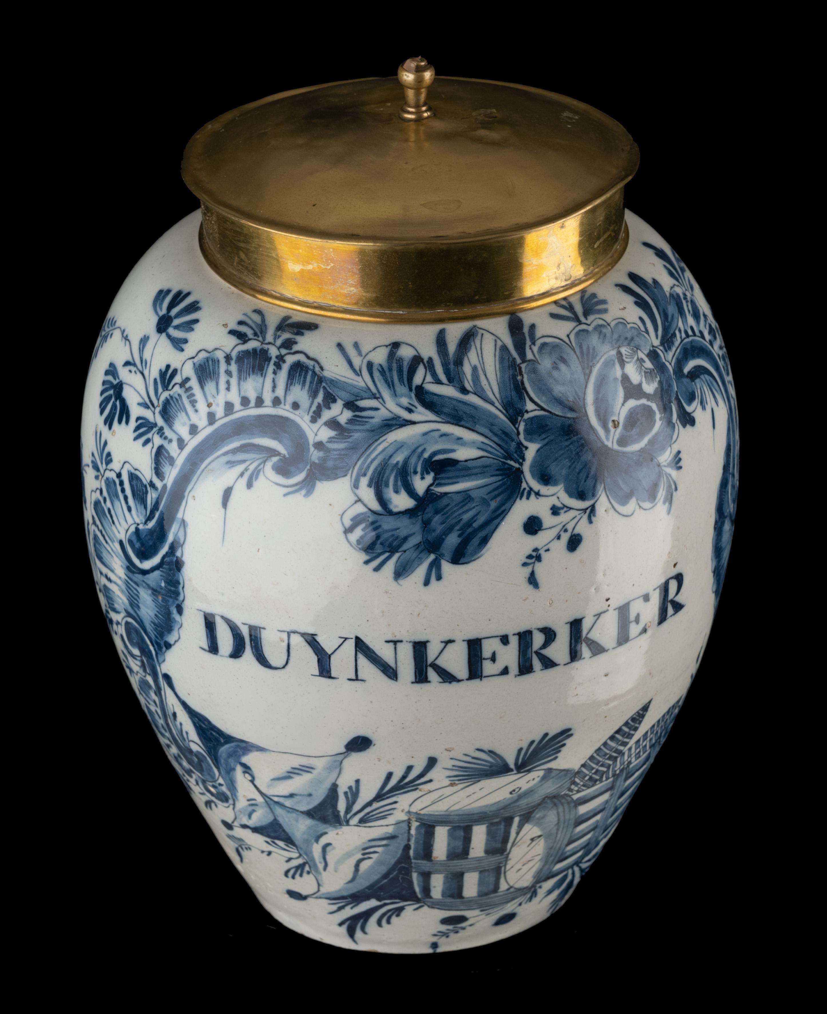 Glazed Delft 1760-1780  Blue and White Duynkerker Tobacco Jar Delftware For Sale