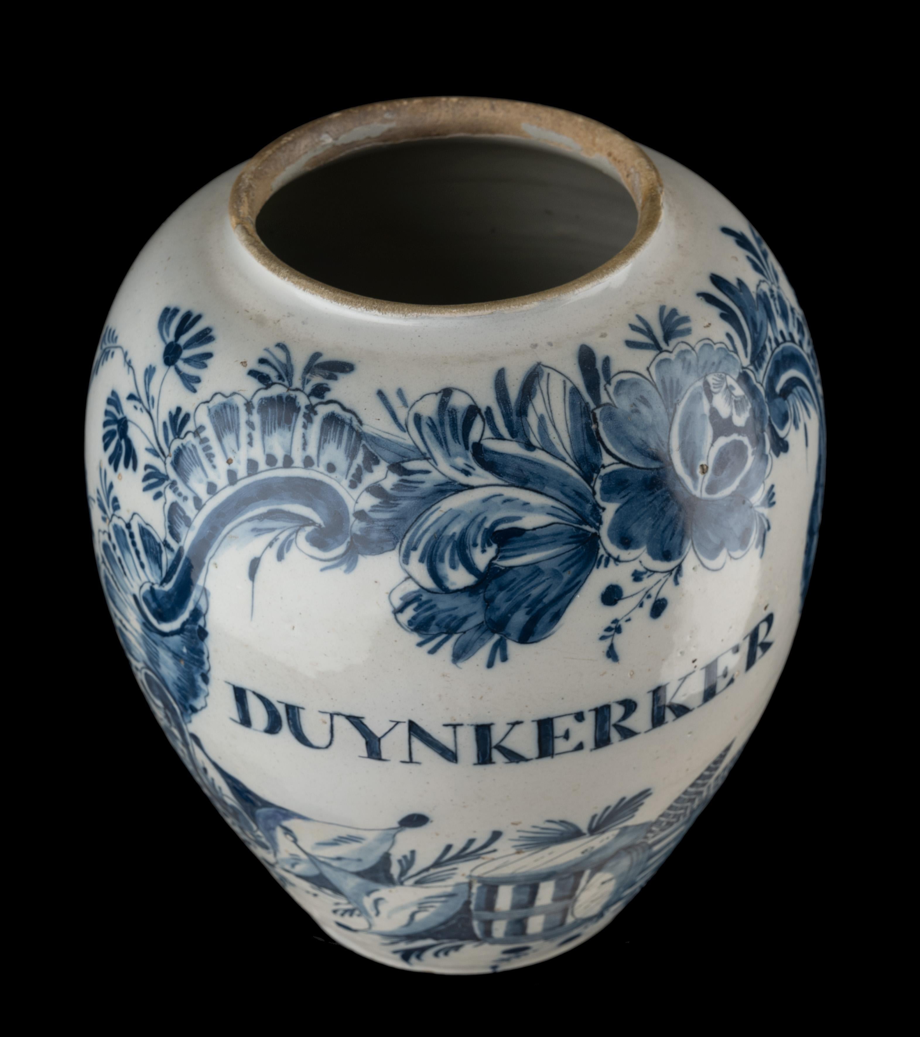 18th Century Delft 1760-1780  Blue and White Duynkerker Tobacco Jar Delftware For Sale