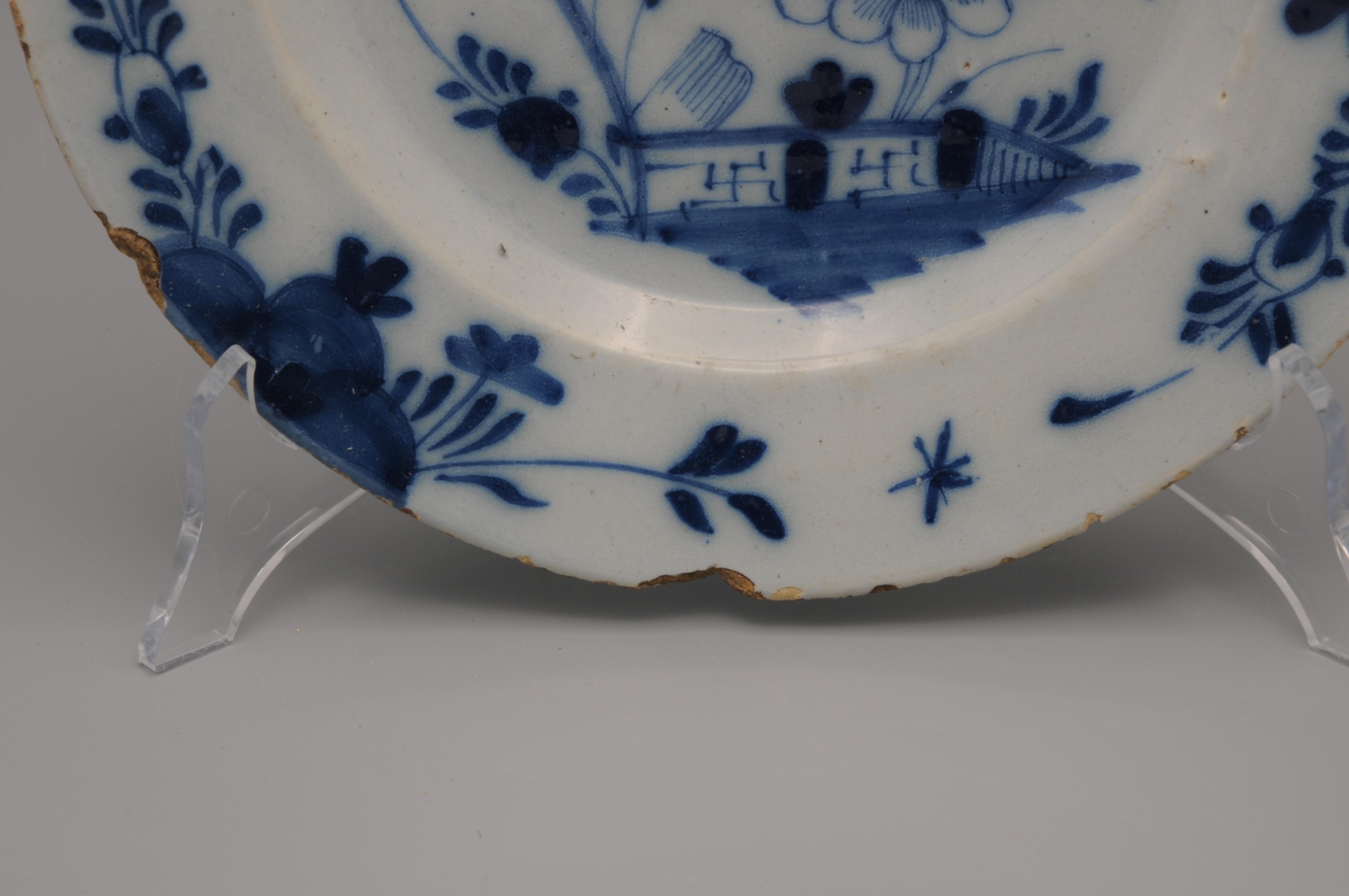 Glazed Delft  - 18th century 'Chinoiserie' Blue and White Delft Plate For Sale