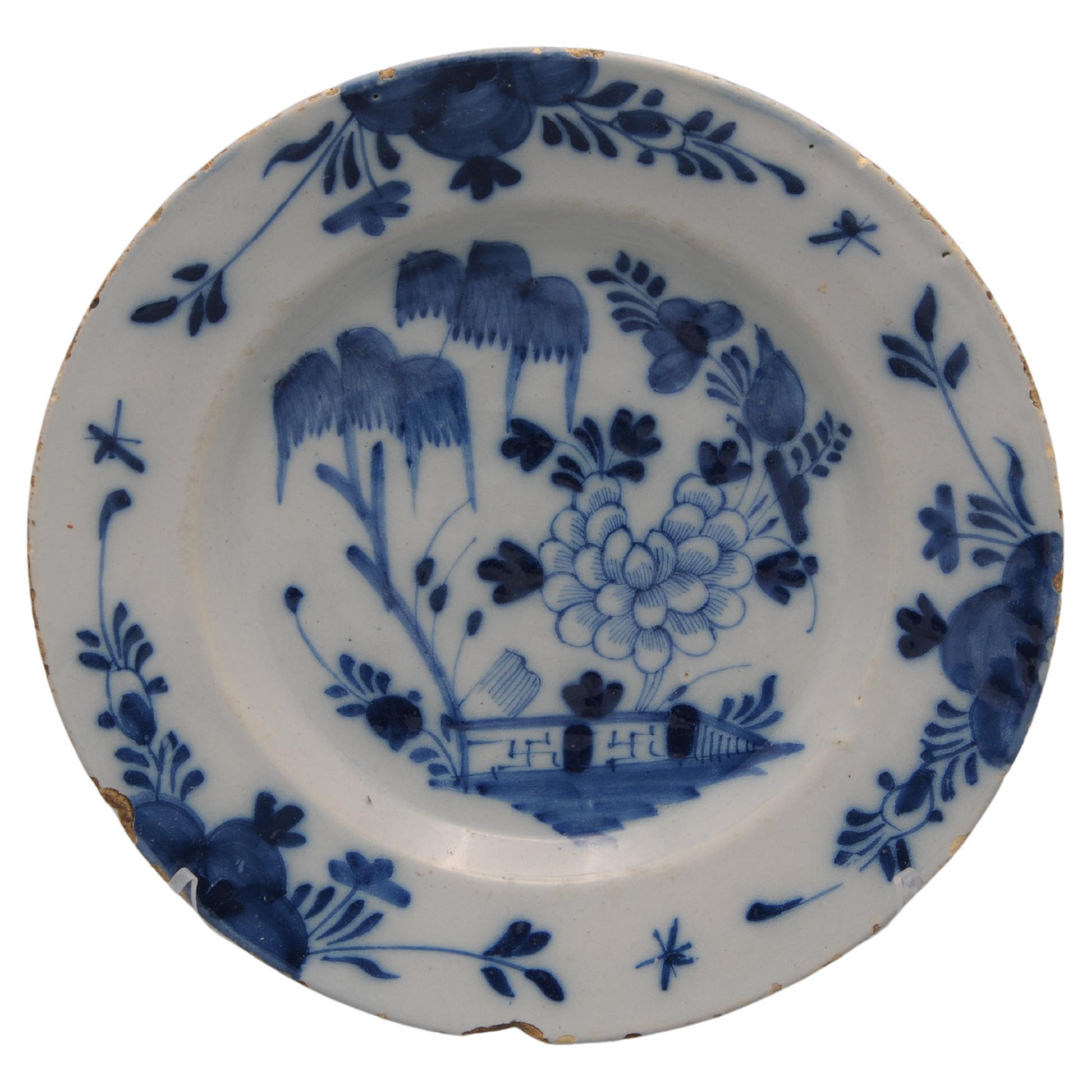 Delft  - 18th century 'Chinoiserie' Blue and White Delft Plate For Sale