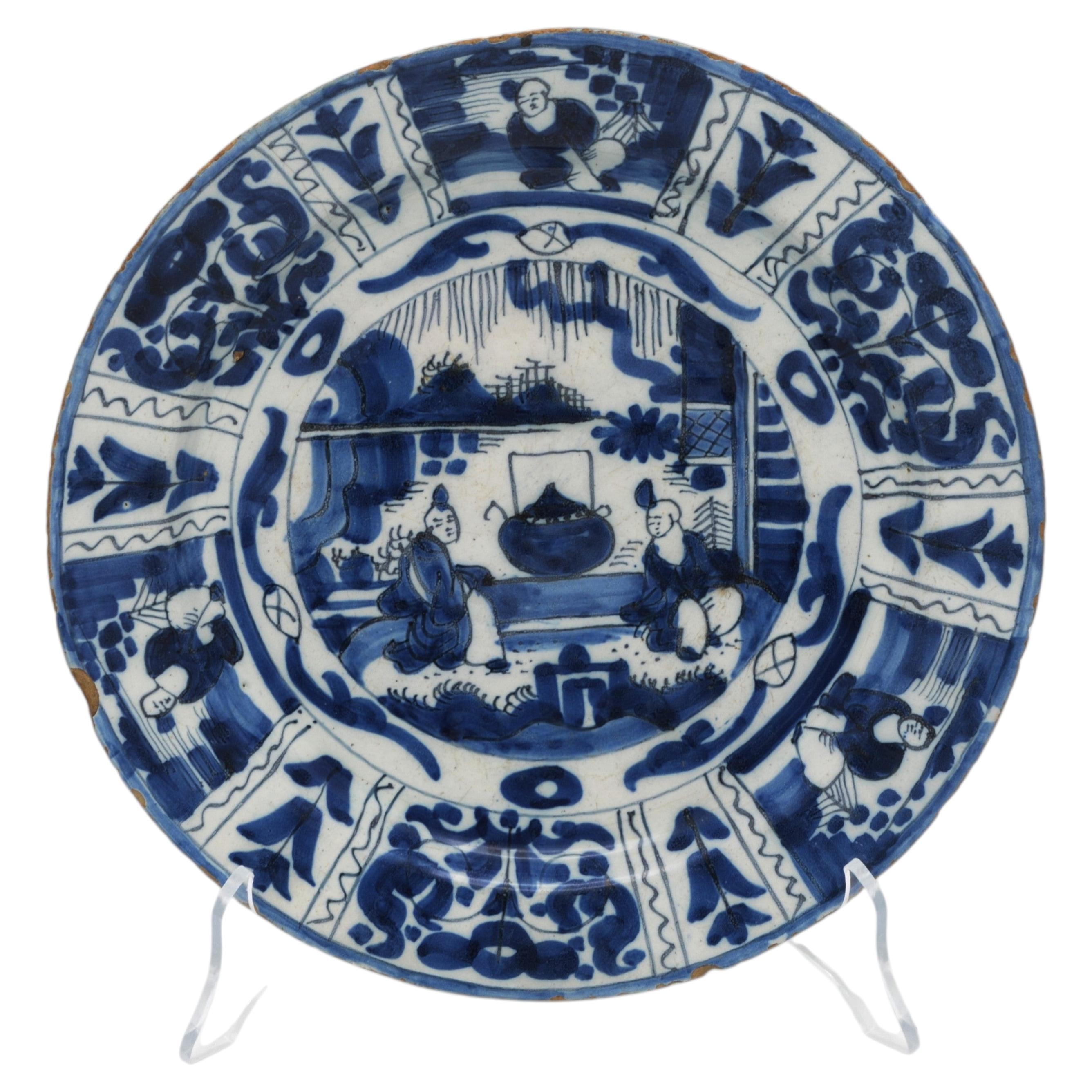 Piatto antico di Delft del XVII secolo, blu e bianco, stile “Kraak” e Wanli
