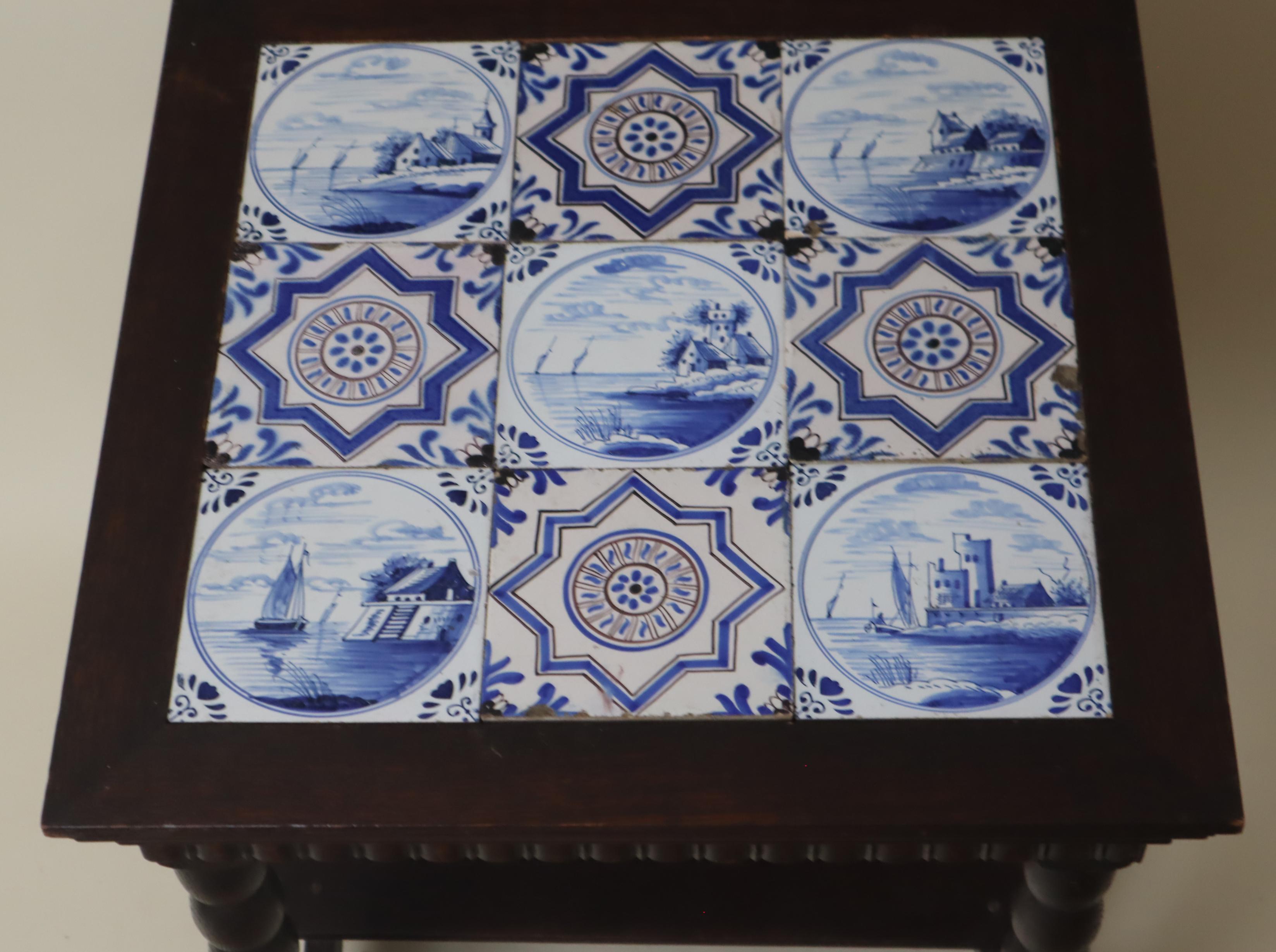 Delft Art Deco Oak Table With 9 Pieces 18th-Century Tiles For Sale 5