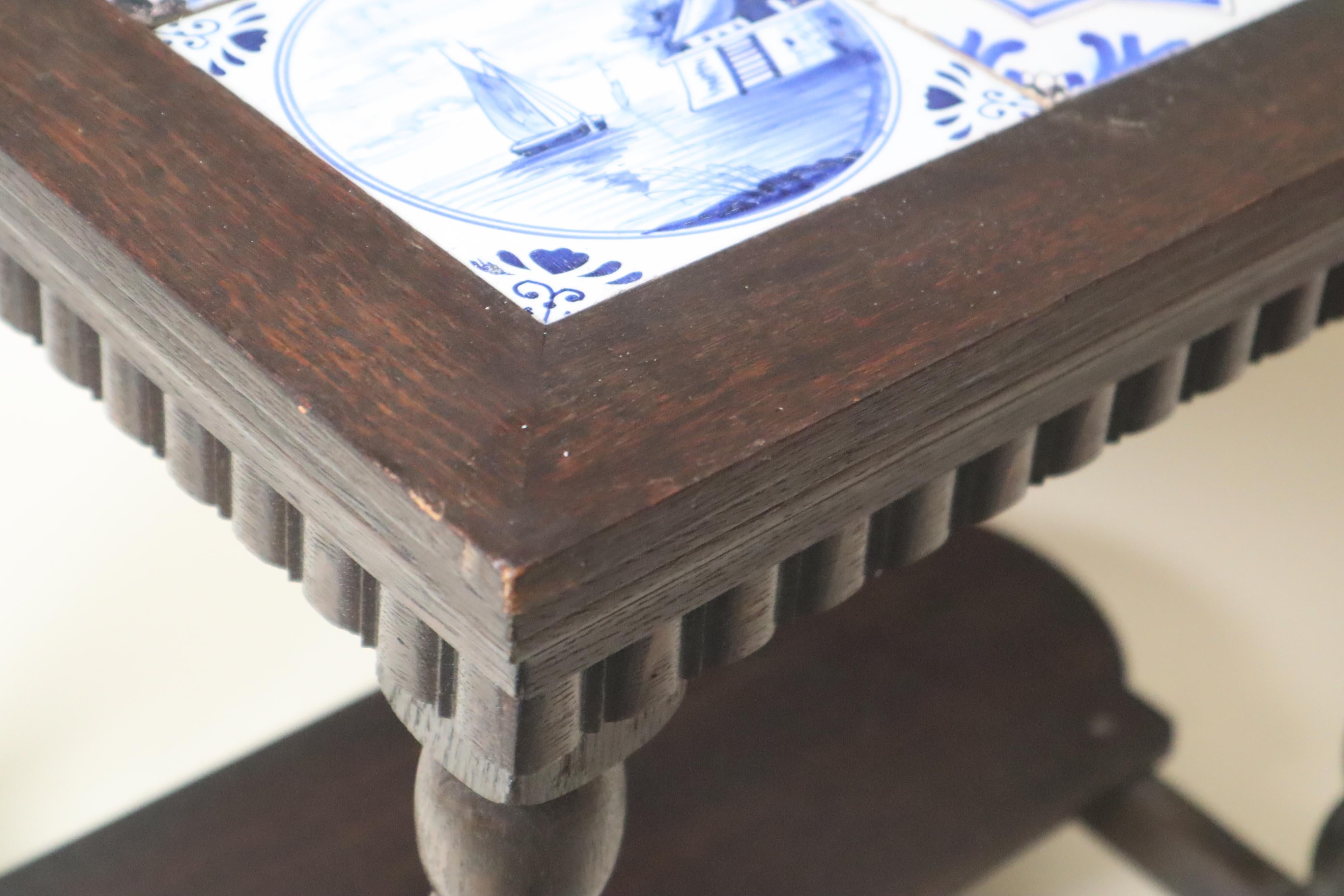 Dutch Delft Art Deco Oak Table With 9 Pieces 18th-Century Tiles For Sale