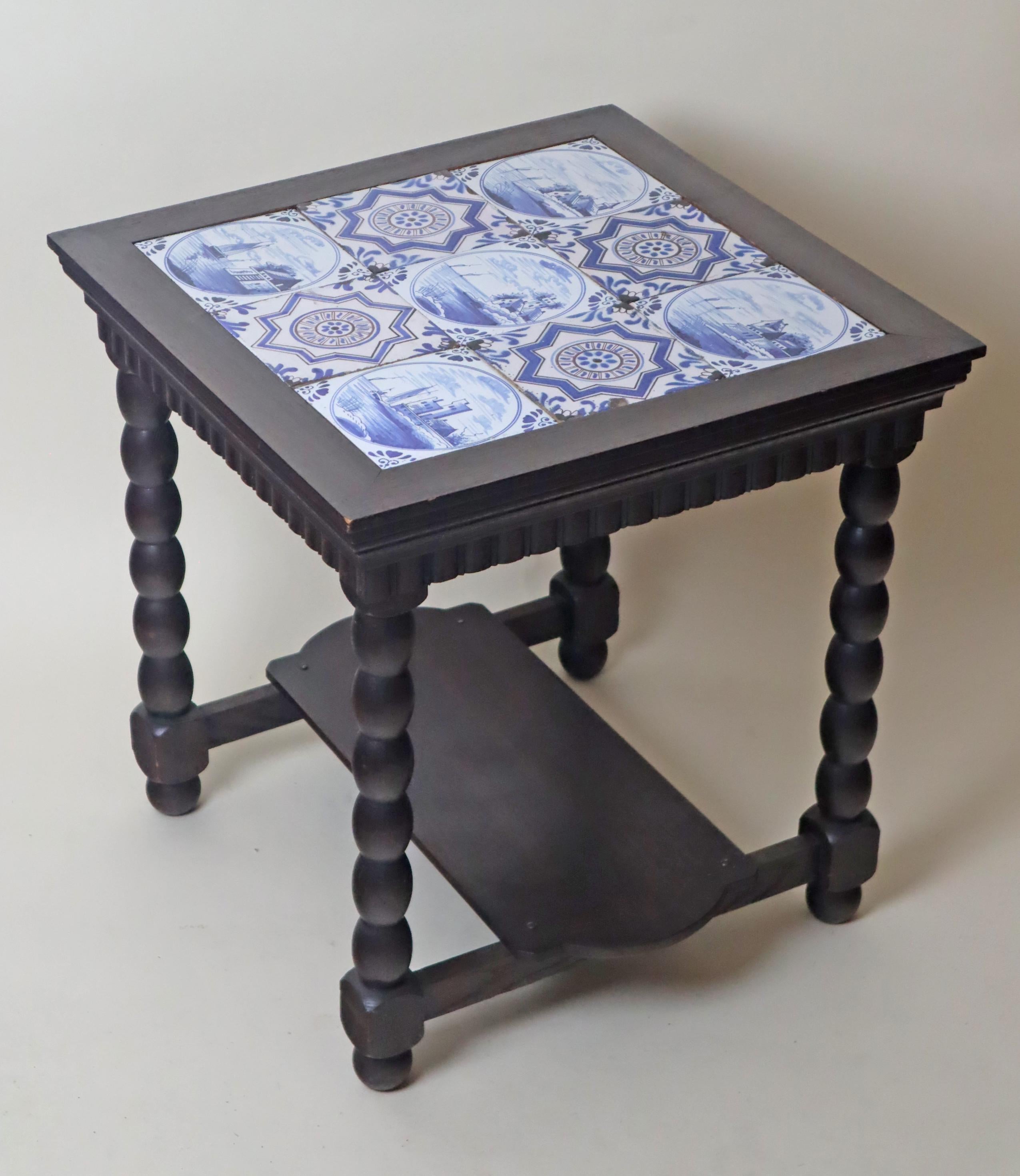 Hand-Painted Delft Art Deco Oak Table With 9 Pieces 18th-Century Tiles For Sale