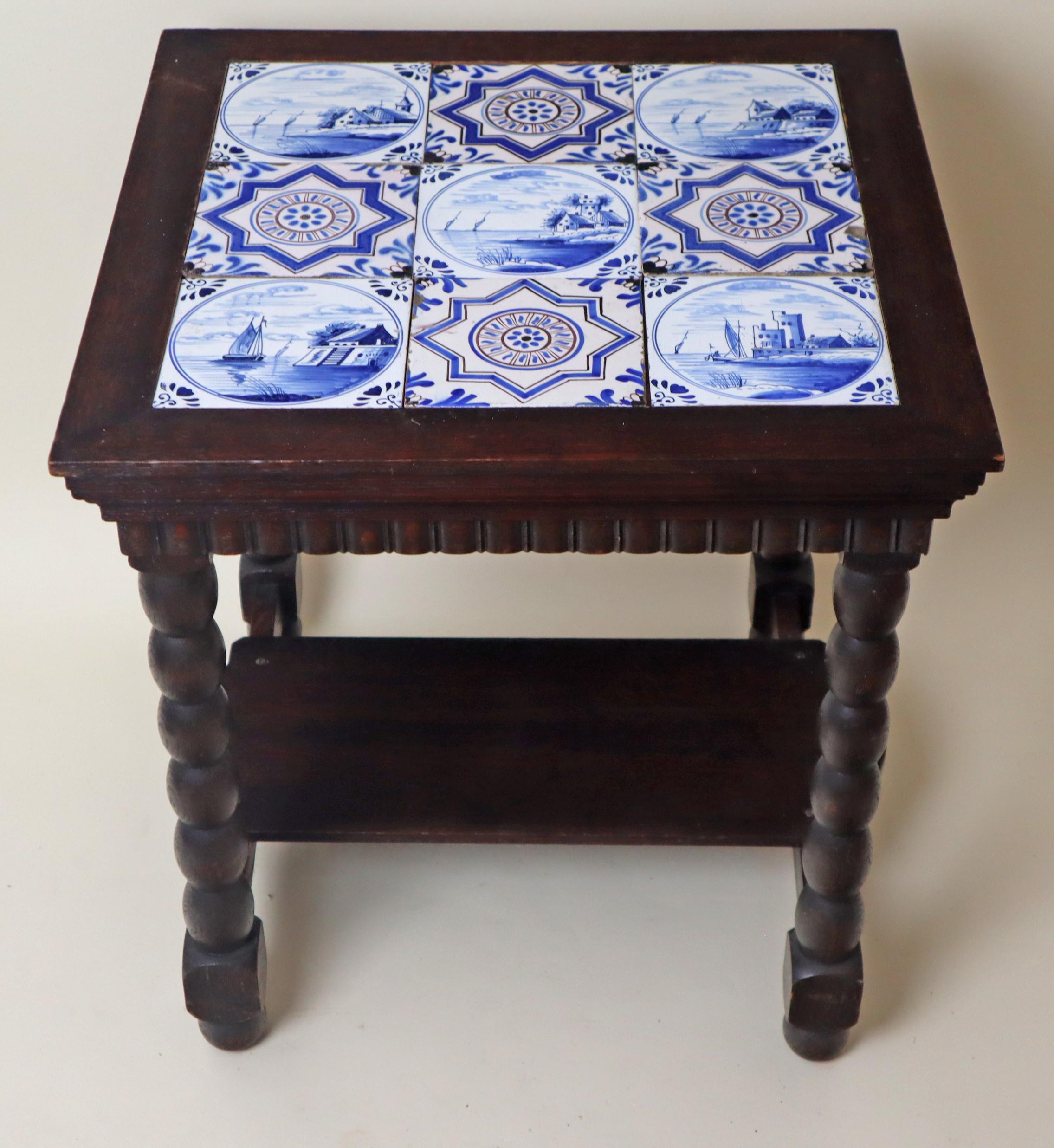 Delft Art Deco Oak Table With 9 Pieces 18th-Century Tiles For Sale 1