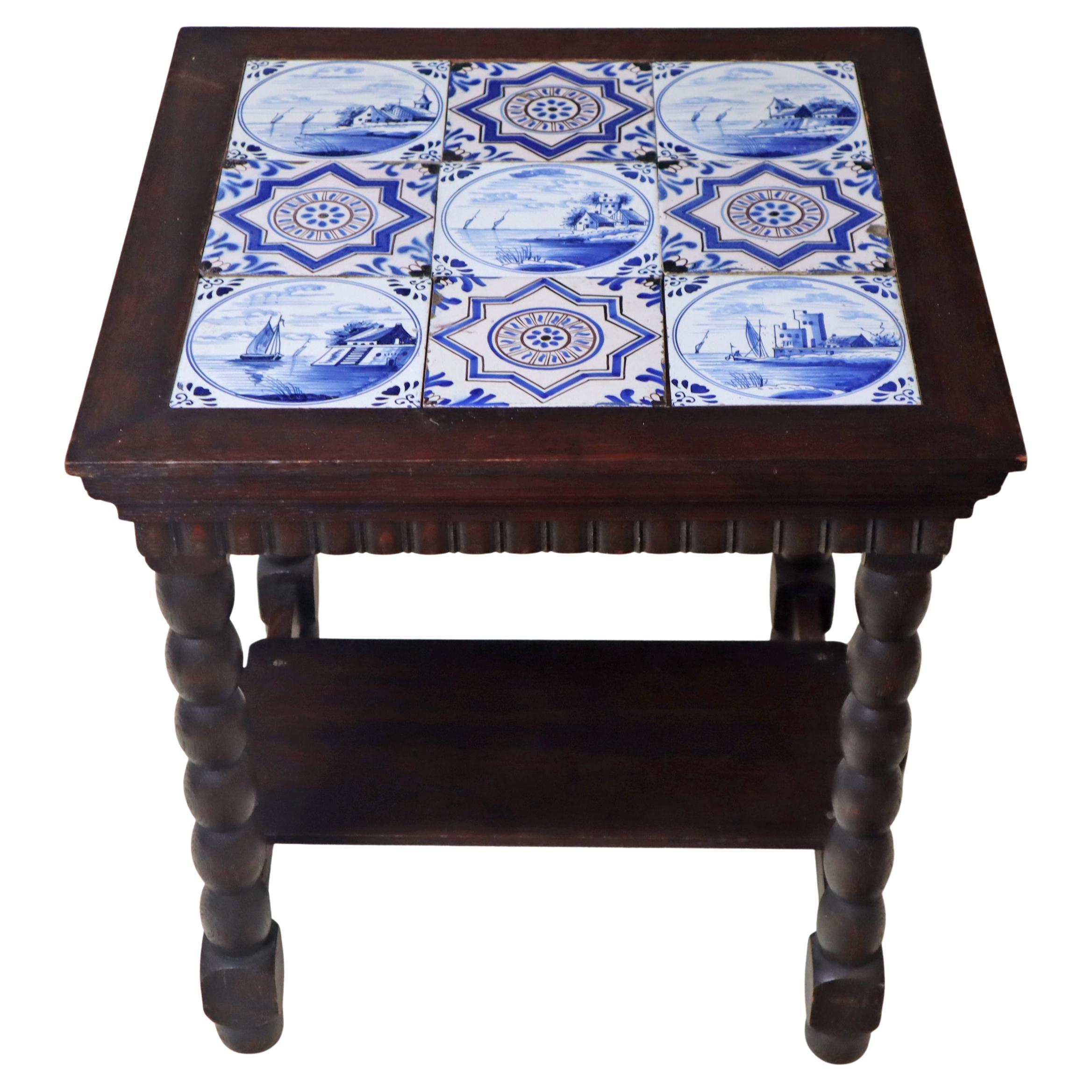 Delft Art Deco Oak Table With 9 Pieces 18th-Century Tiles For Sale