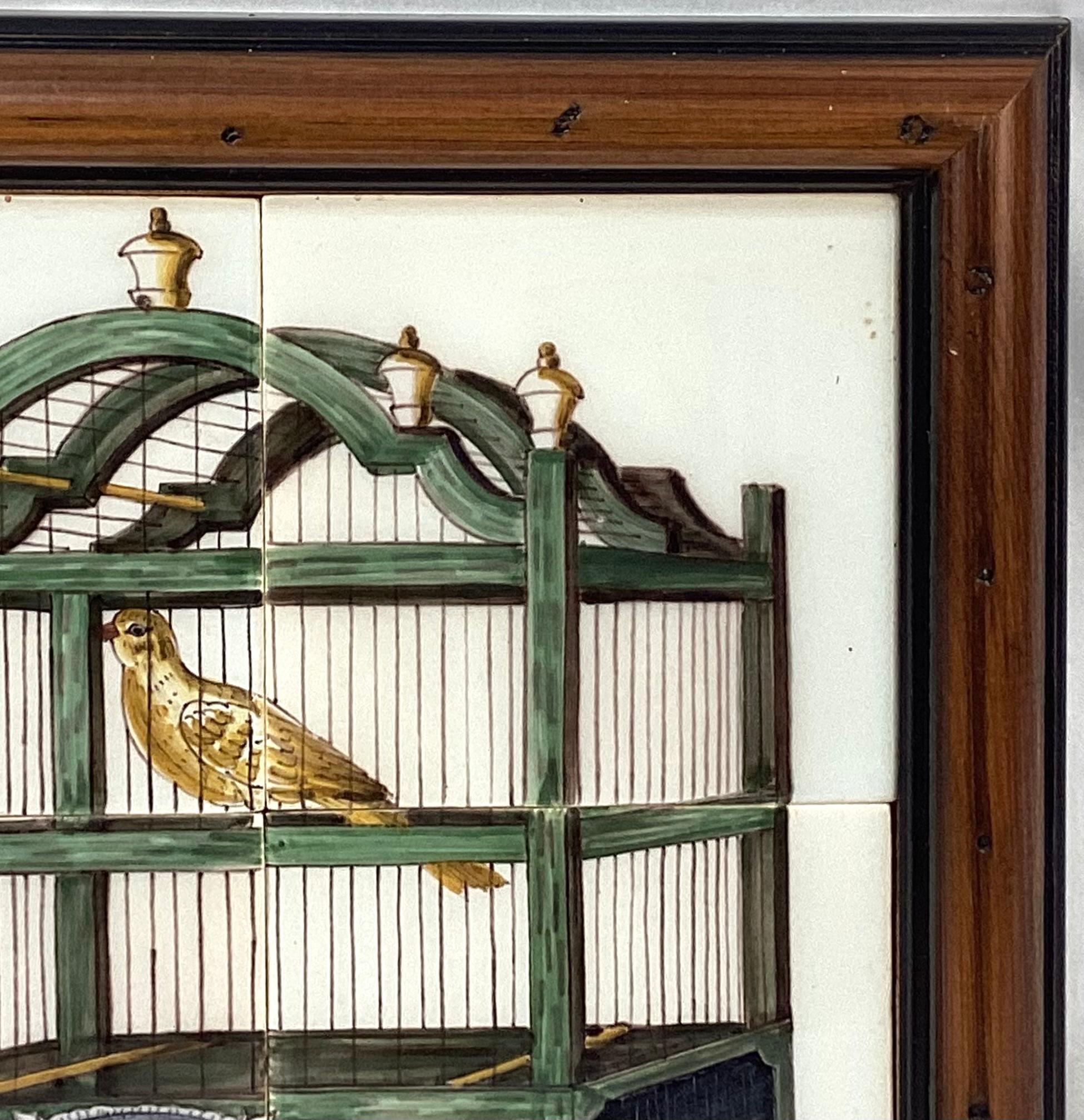 Dutch Colonial Delft 'Bird In Cage' Tile Mural, Framed