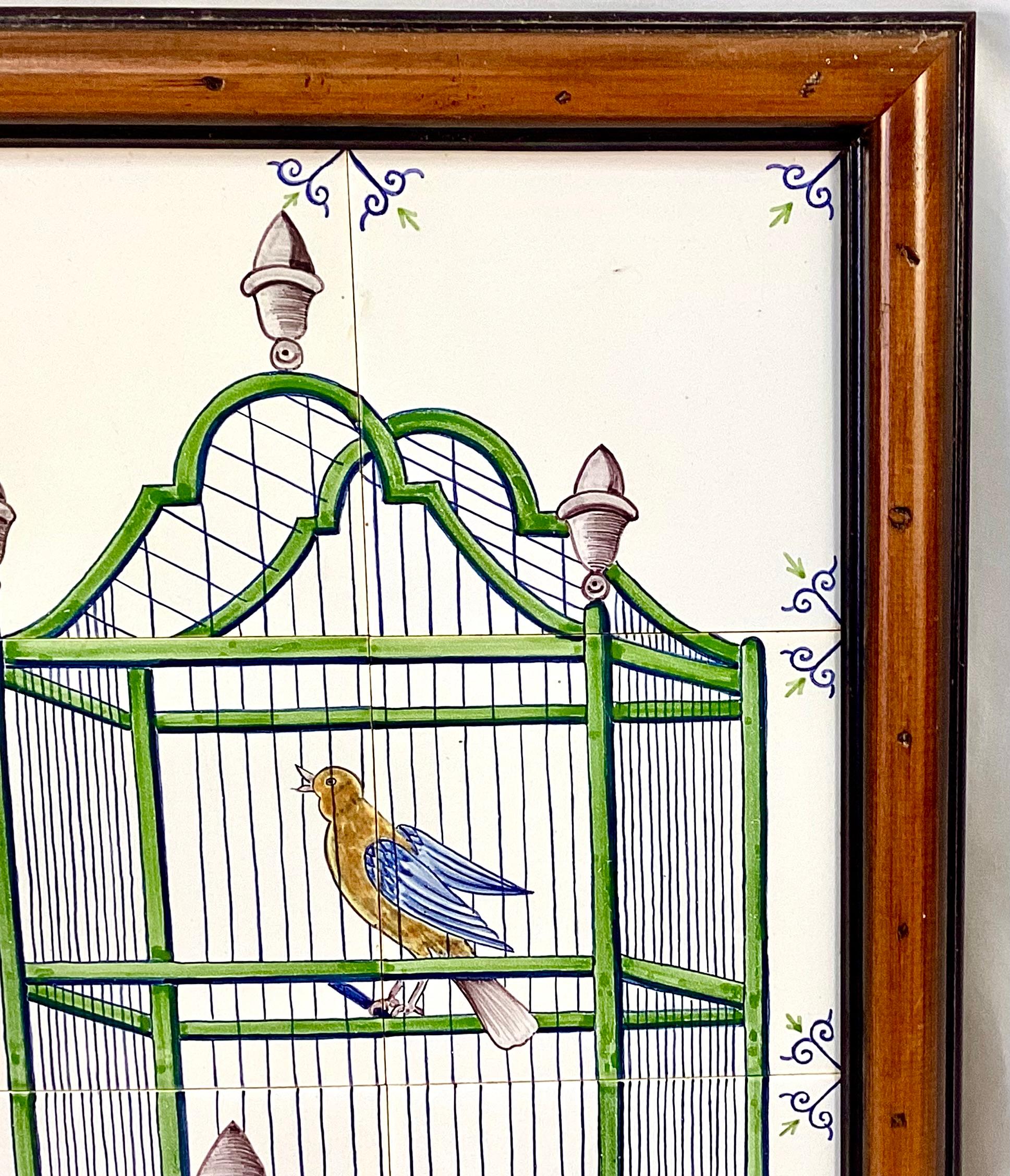 Dutch Colonial Delft Bird In Cage Tile Mural, Framed For Sale