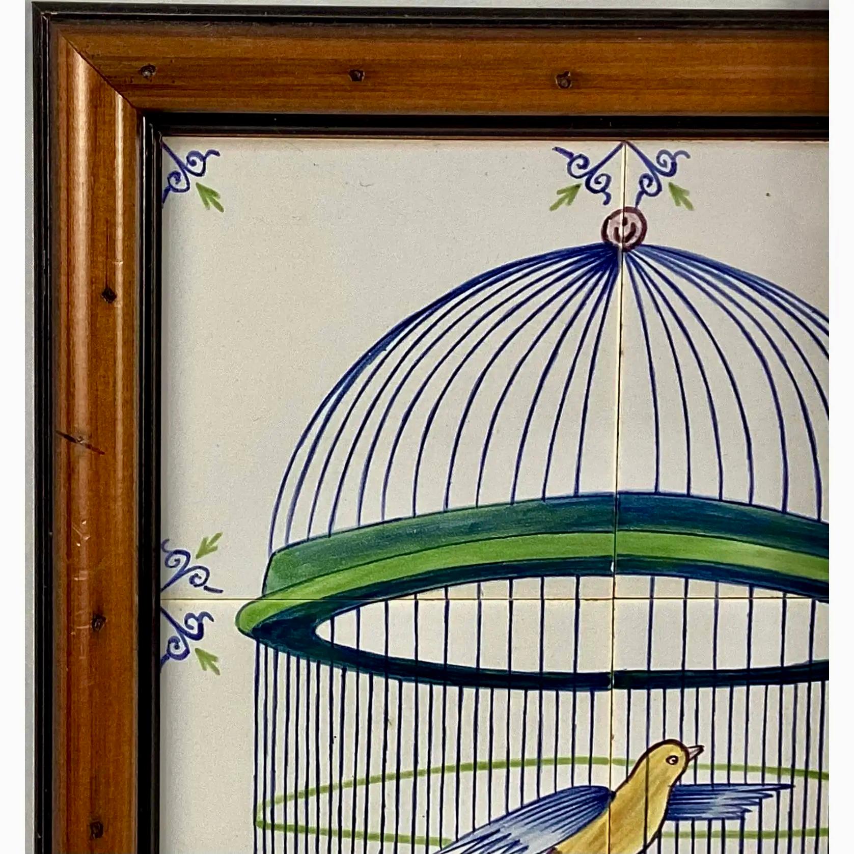 Dutch Colonial Delft Bird In Cage Tile Mural, Framed For Sale