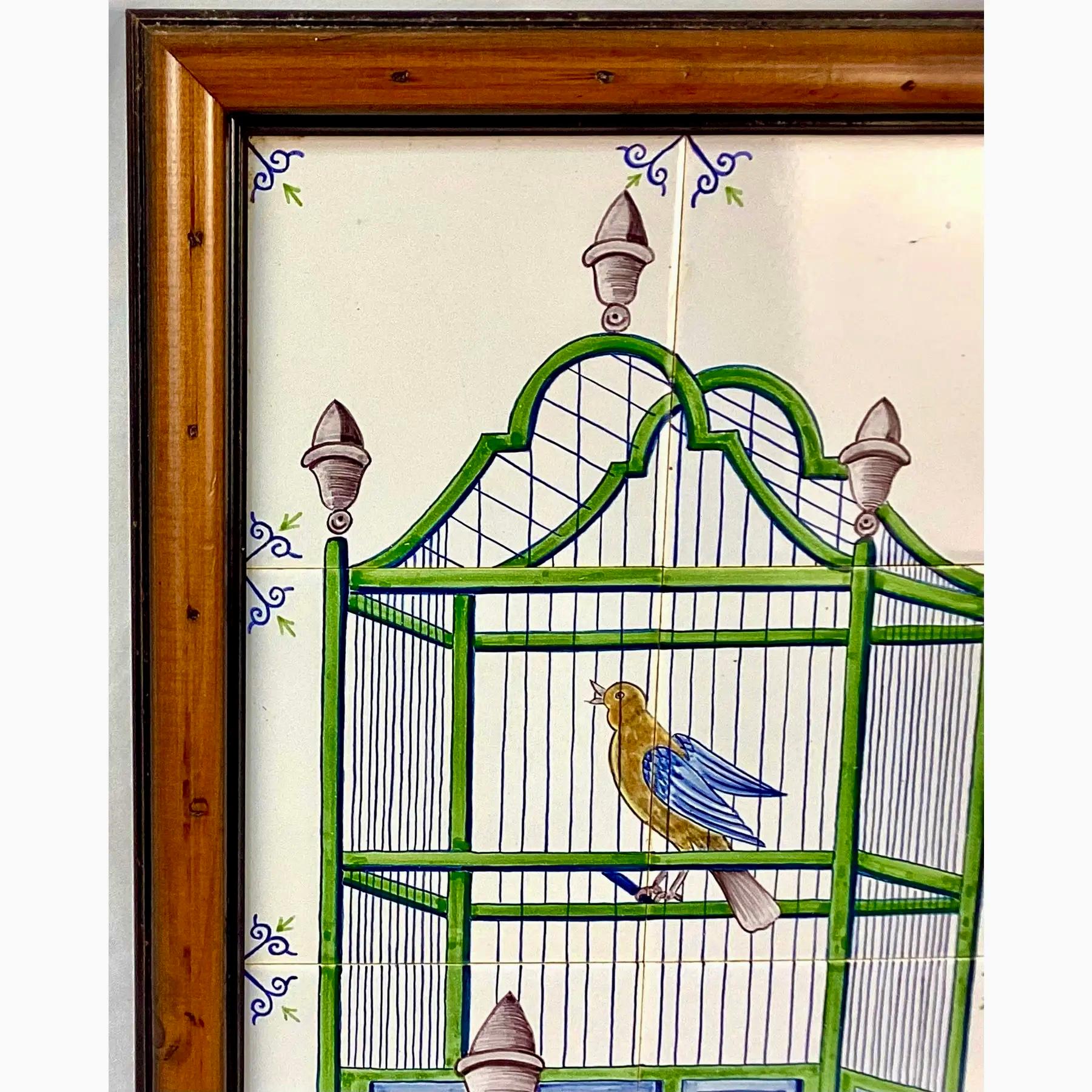 Dutch Colonial Delft Bird In Cage Tile Mural, Framed For Sale