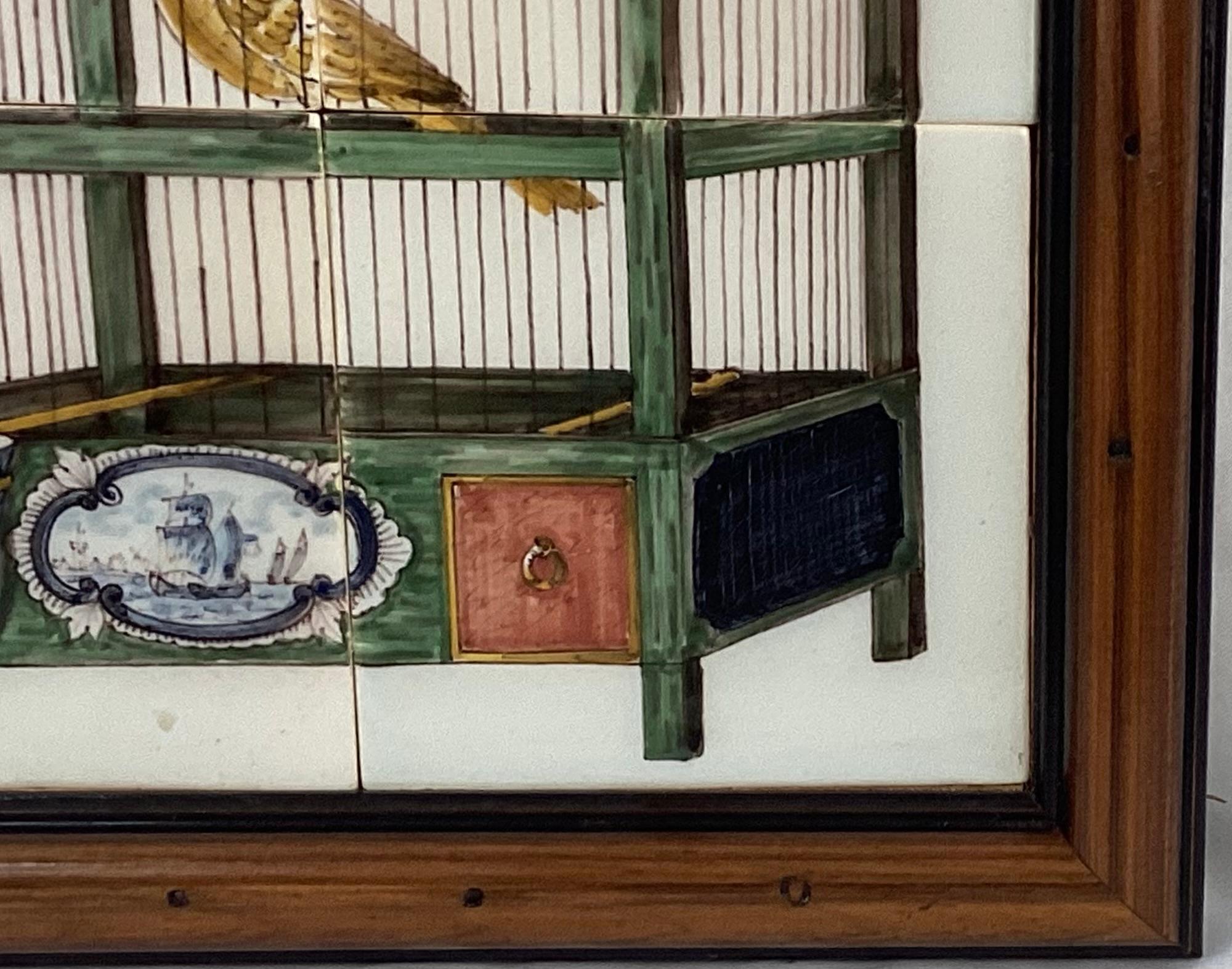 Dutch Delft 'Bird In Cage' Tile Mural, Framed