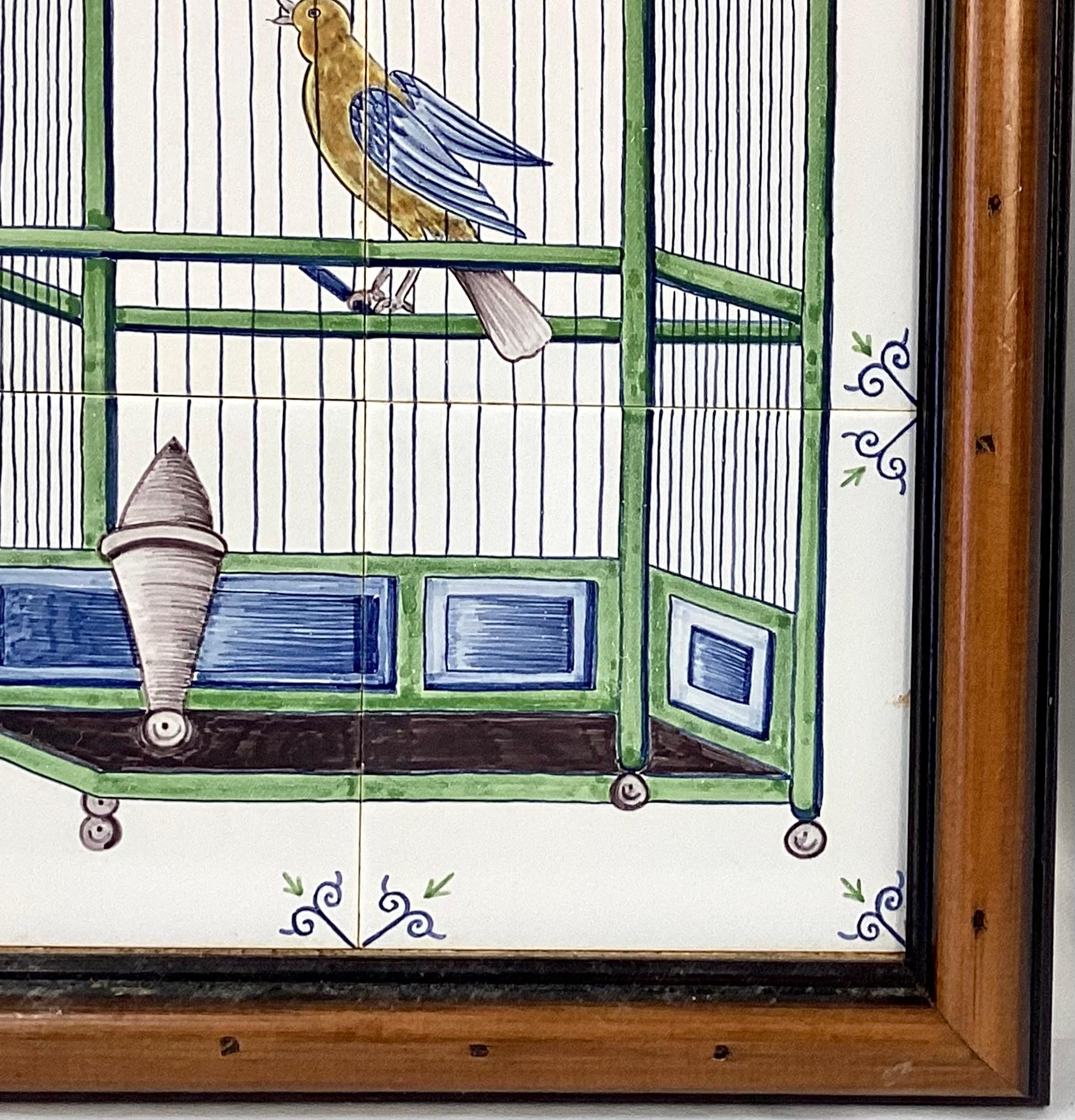 Dutch Delft Bird In Cage Tile Mural, Framed For Sale