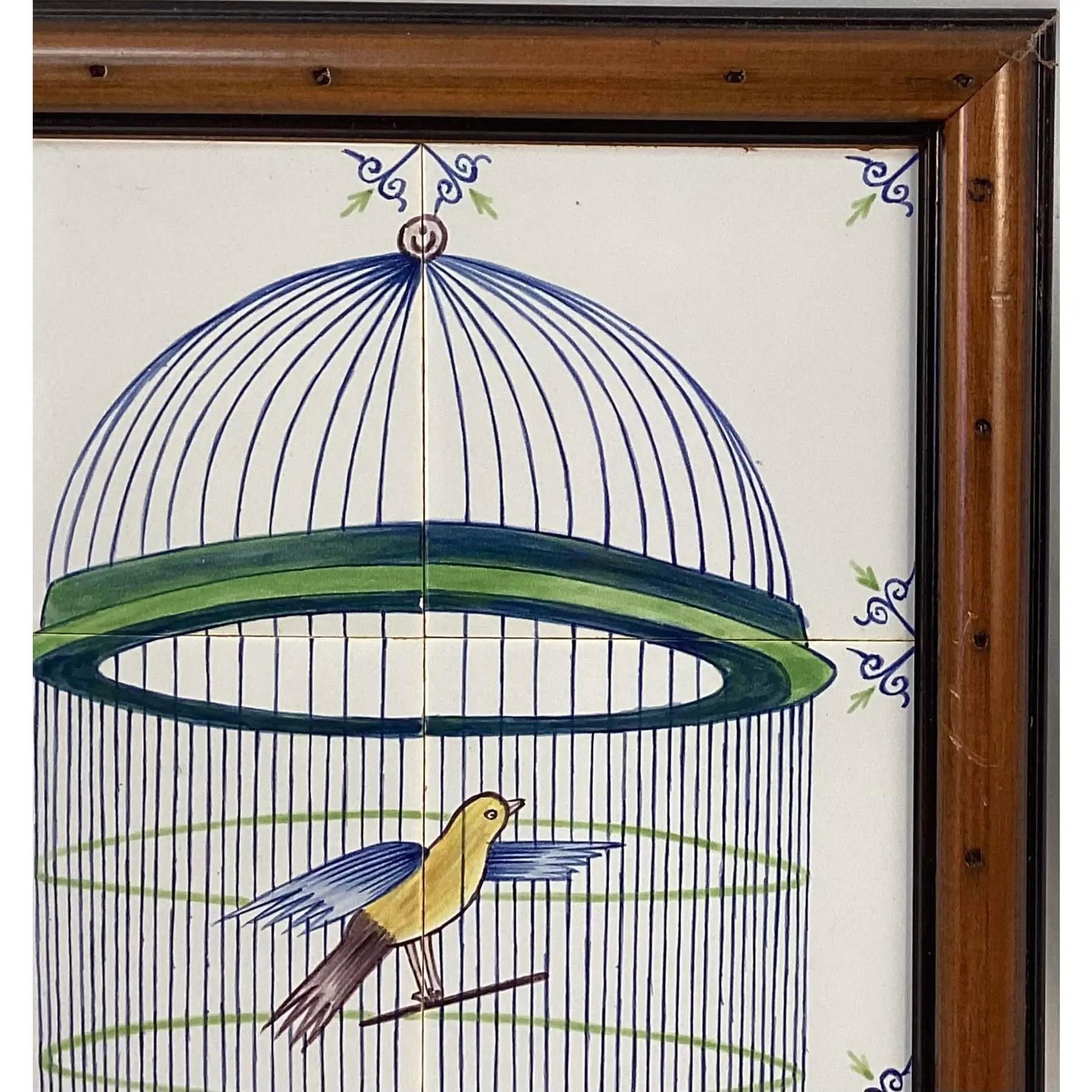 Dutch Delft Bird In Cage Tile Mural, Framed For Sale
