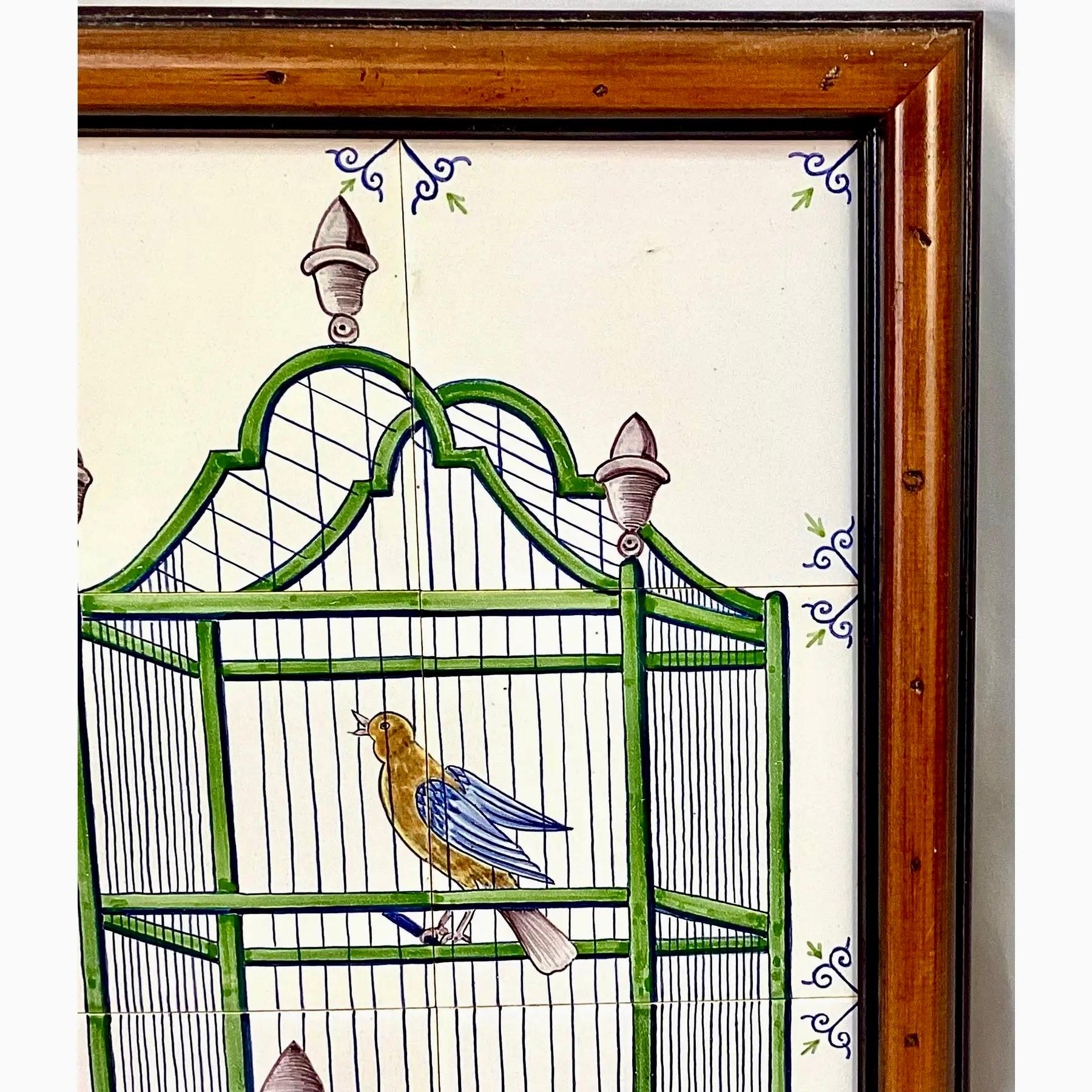 Dutch Delft Bird In Cage Tile Mural, Framed For Sale
