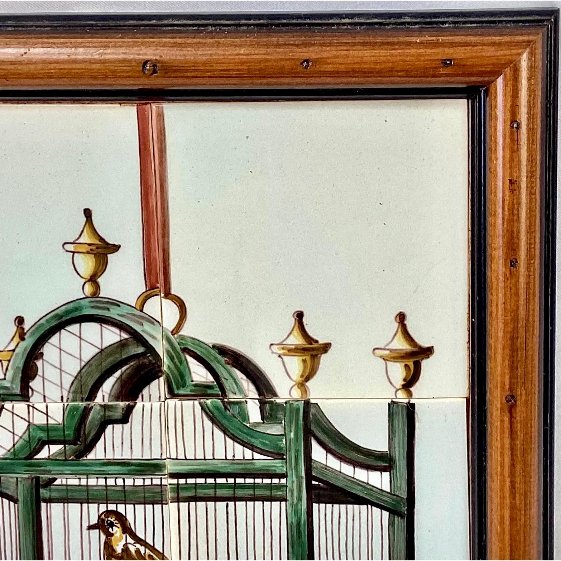 Delft Vogel in Käfig Fliesen Wandbild, gerahmt (Niederländisch) im Angebot