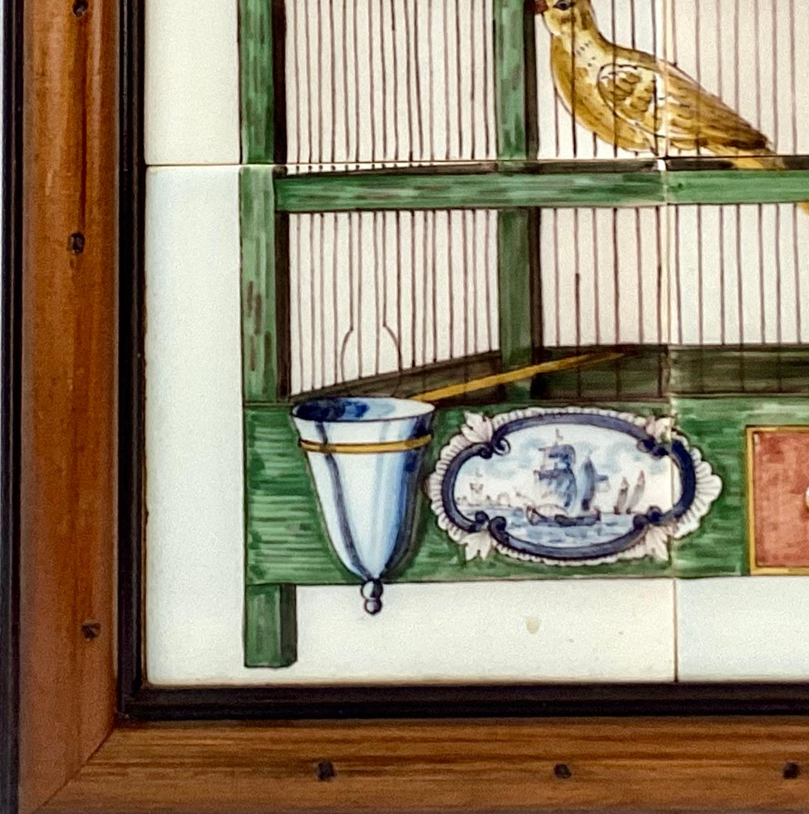 Delft 'Bird In Cage' Tile Mural, Framed In Good Condition In Bradenton, FL