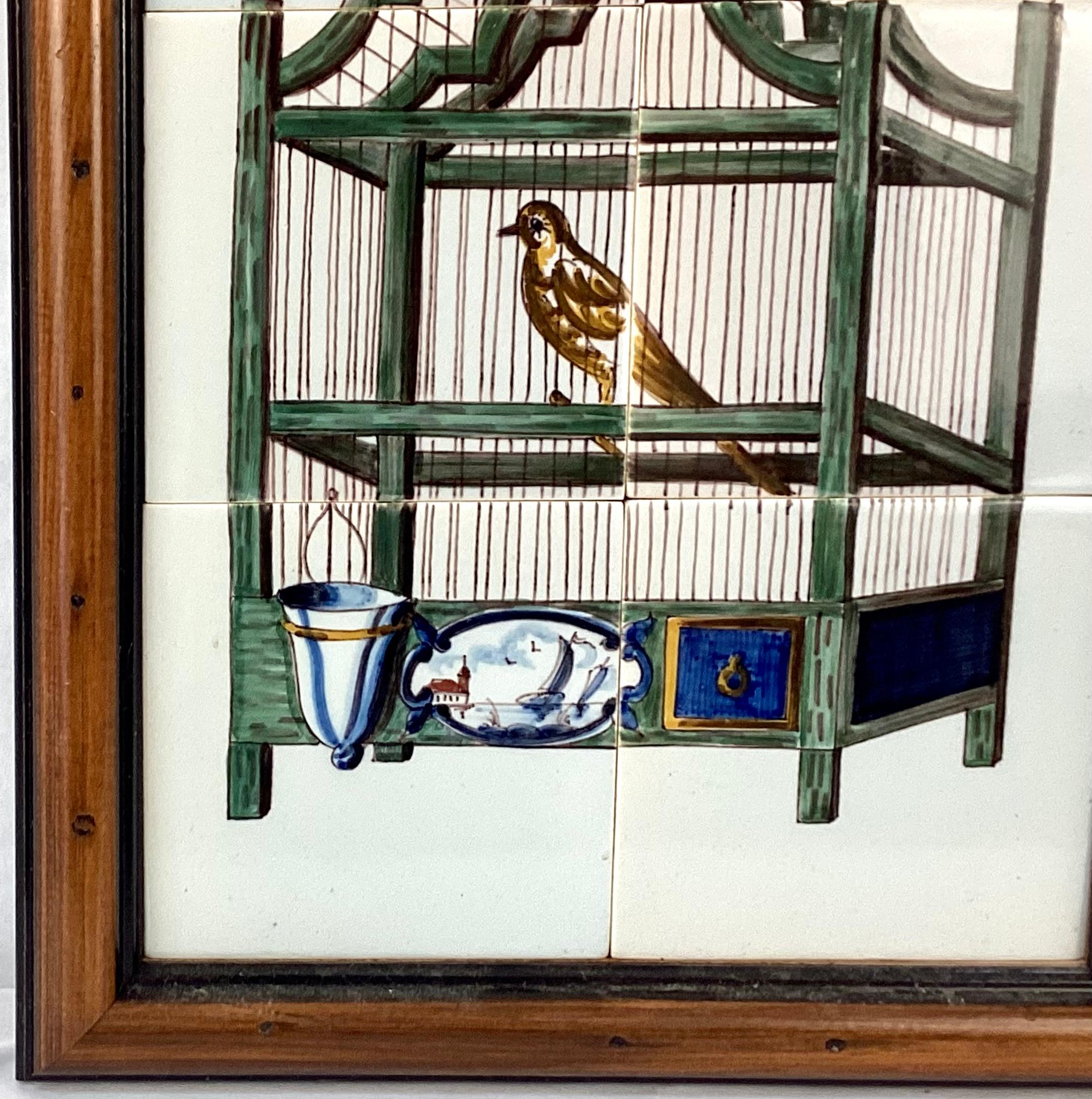 Dutch Delft Bird In Cage Tile Mural, Framed For Sale
