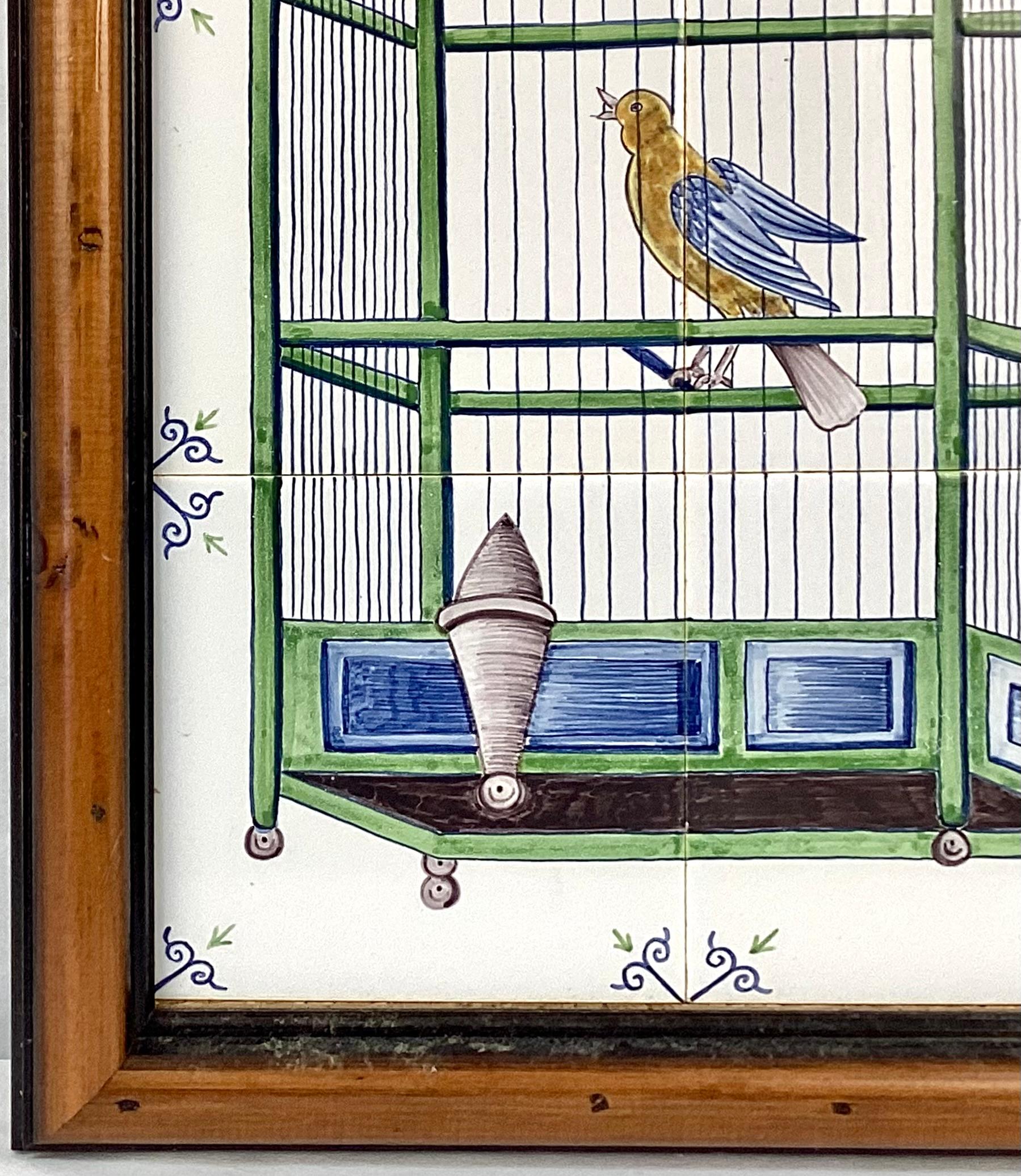 Delft Bird In Cage Tile Mural, Framed In Good Condition For Sale In Bradenton, FL