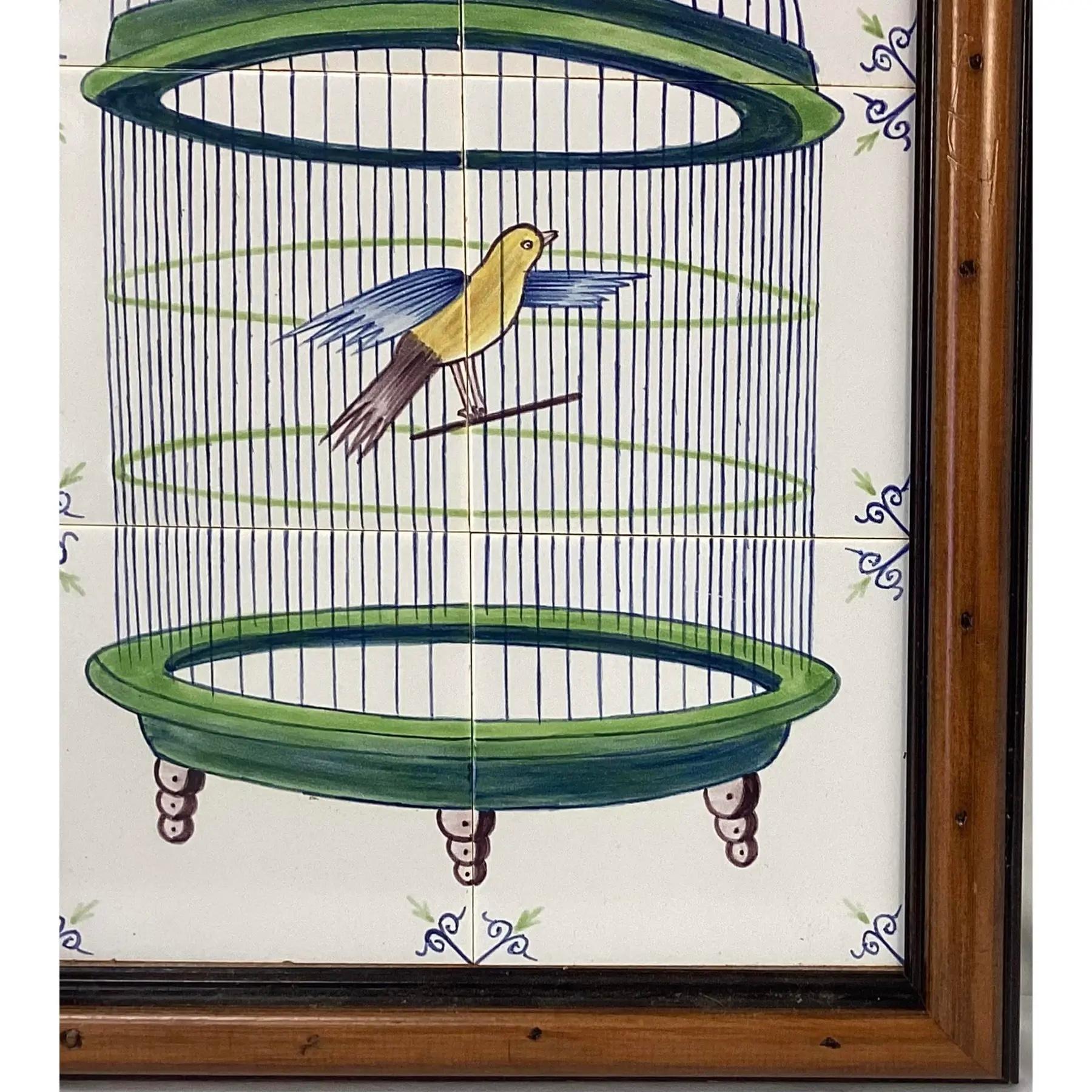 Delft Bird In Cage Tile Mural, Framed In Good Condition For Sale In Bradenton, FL