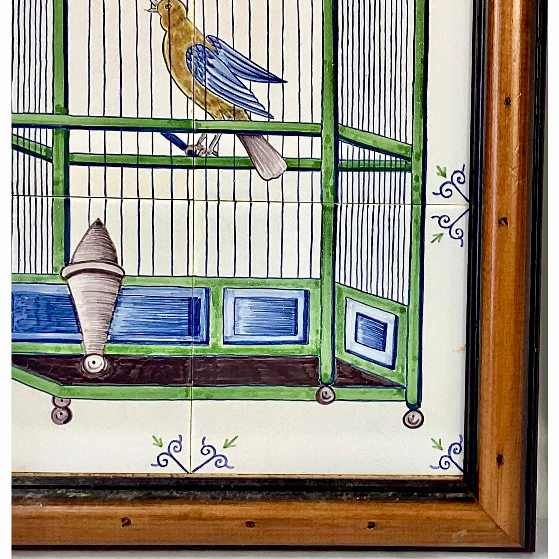 Delft Bird In Cage Tile Mural, Framed In Good Condition For Sale In Bradenton, FL