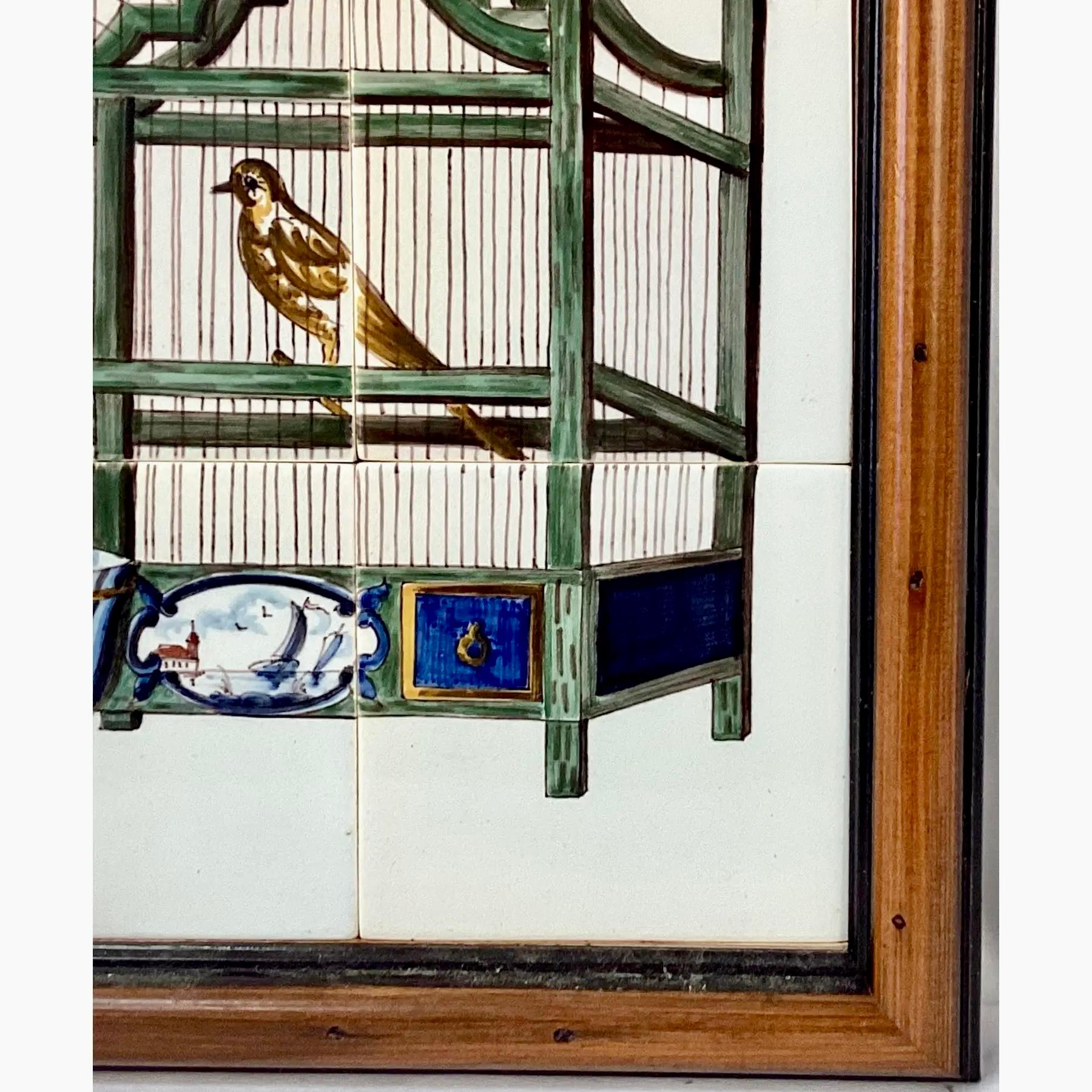 Delft Vogel in Käfig Fliesen Wandbild, gerahmt im Zustand „Gut“ im Angebot in Bradenton, FL