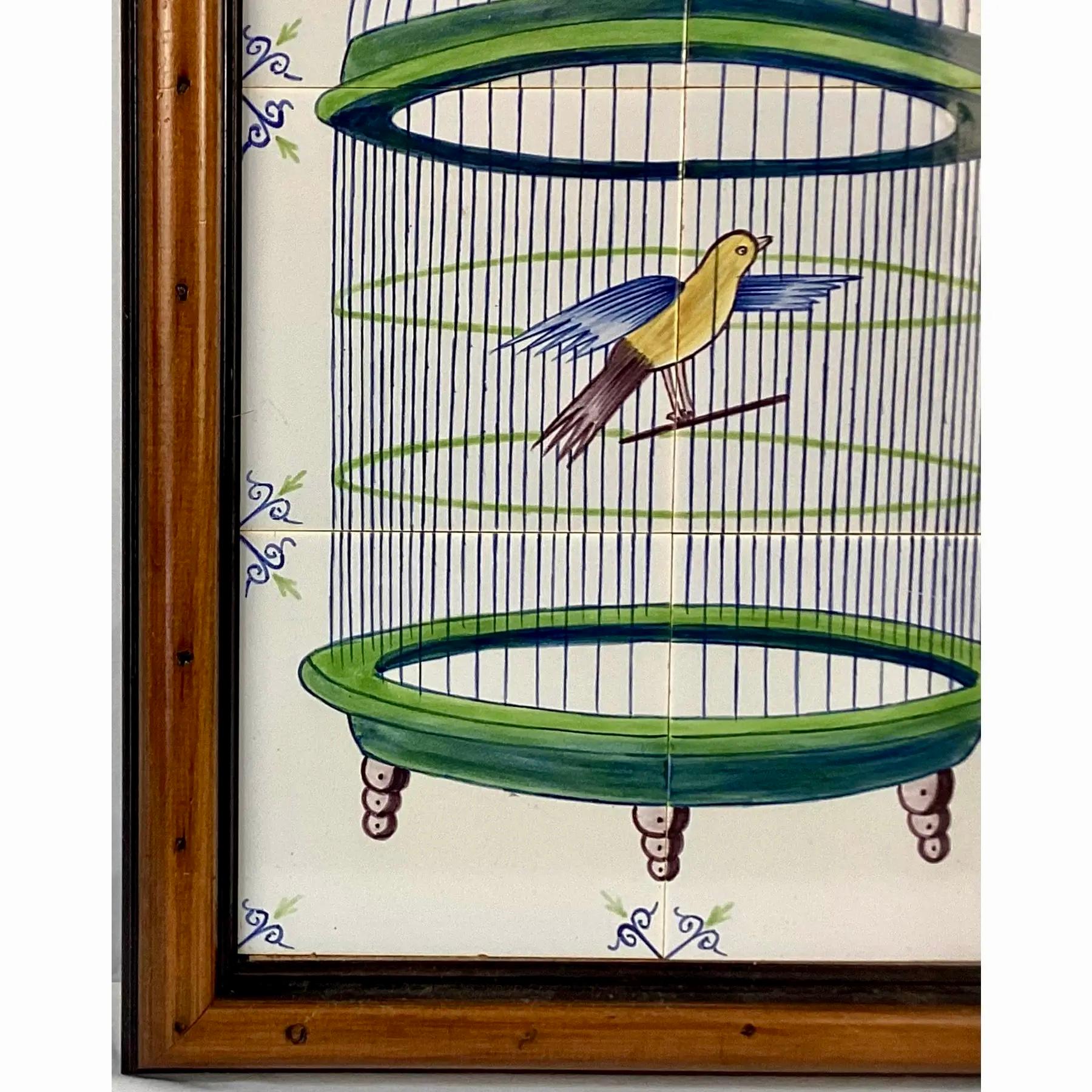 19th Century Delft Bird In Cage Tile Mural, Framed For Sale