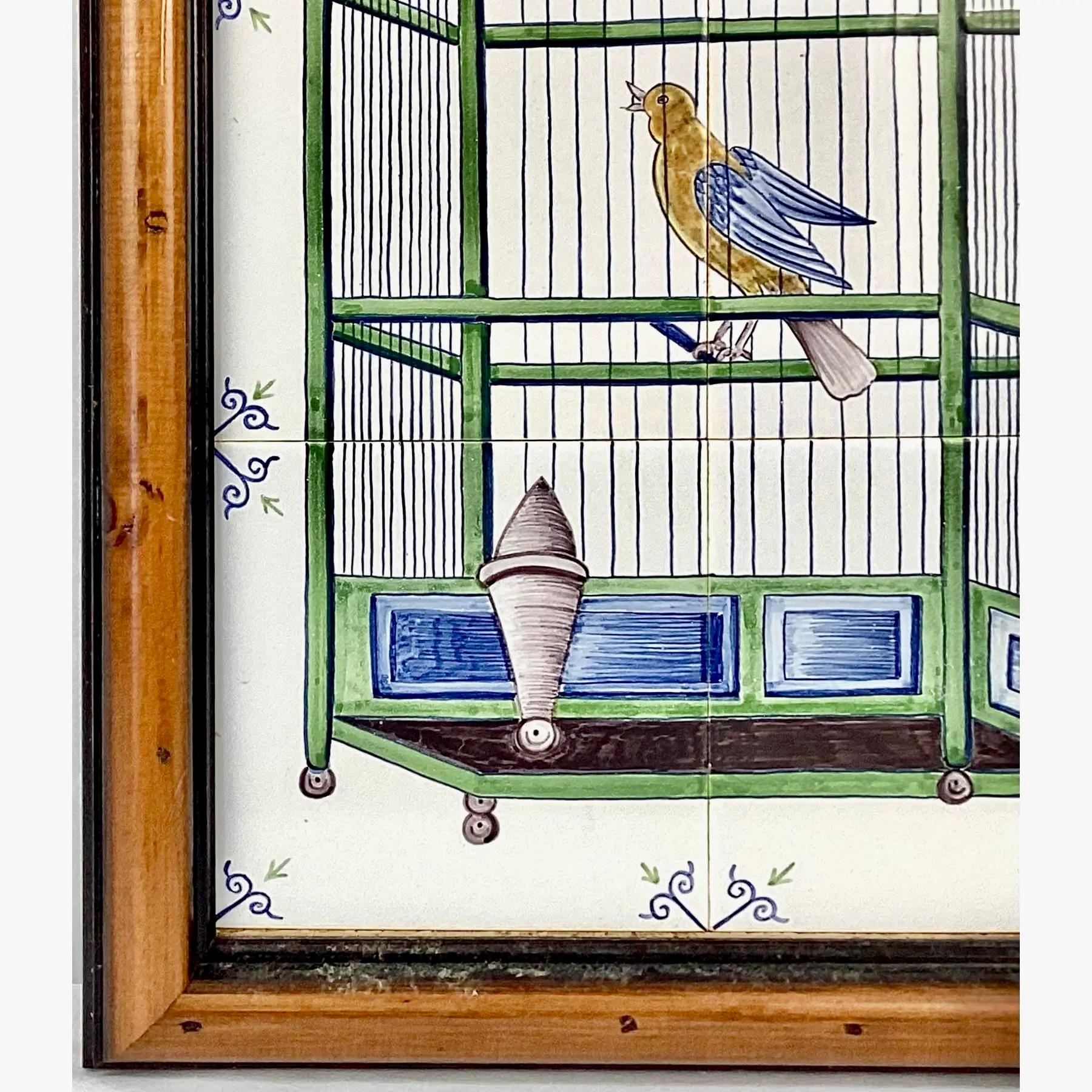 19th Century Delft Bird In Cage Tile Mural, Framed For Sale