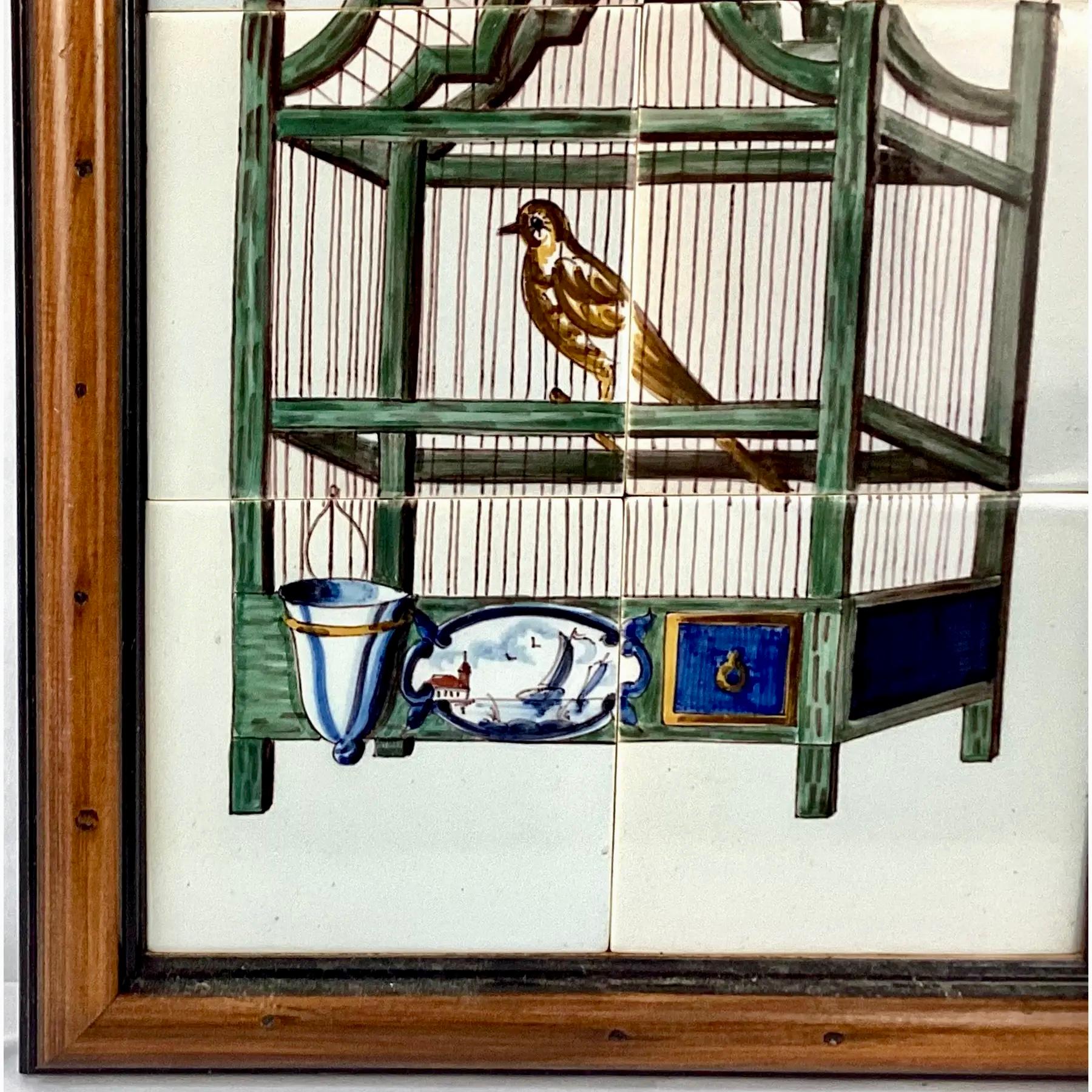 Delft Vogel in Käfig Fliesen Wandbild, gerahmt (19. Jahrhundert) im Angebot