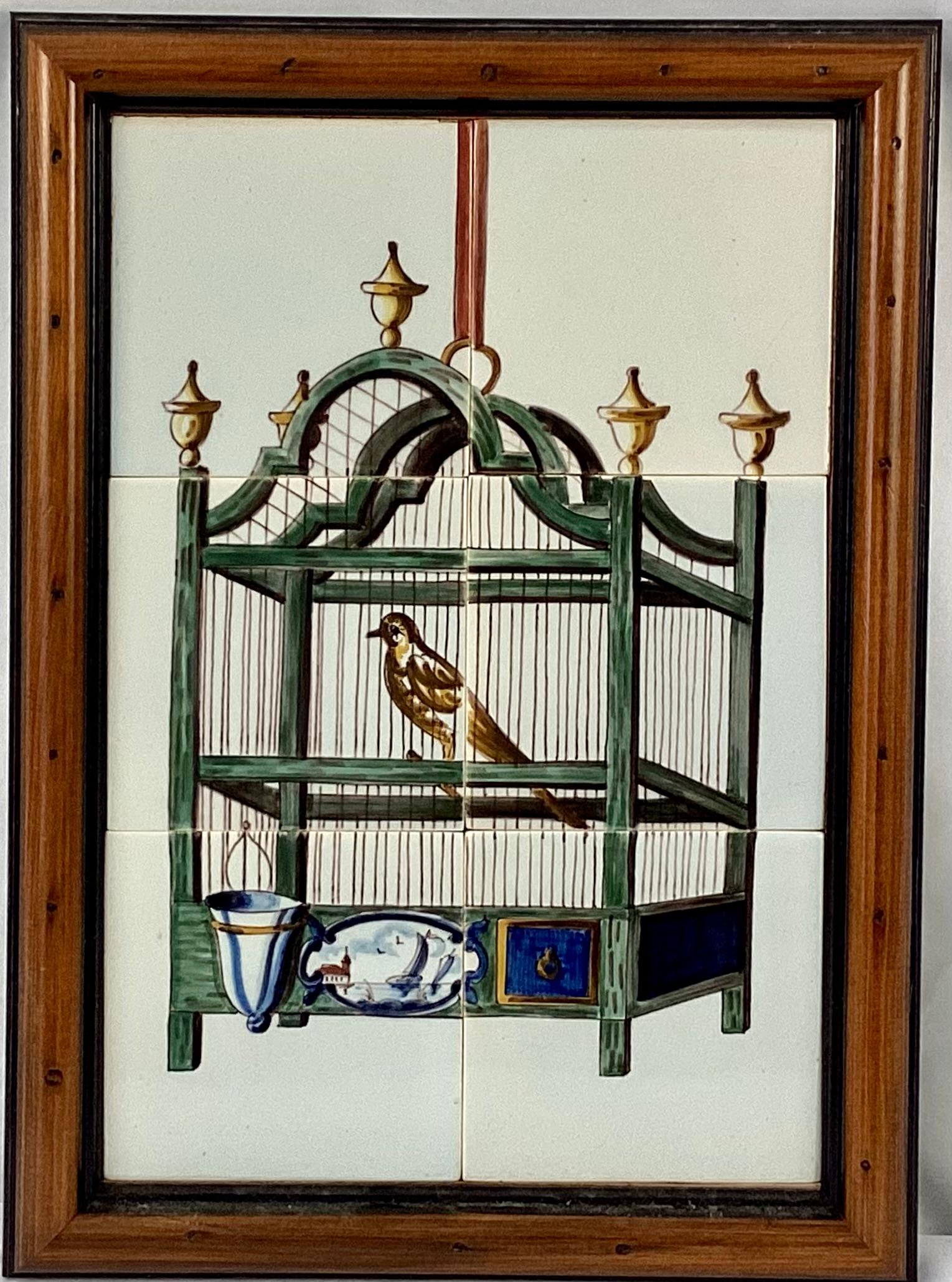 19th Century Delft Bird In Cage Tile Mural, Framed For Sale