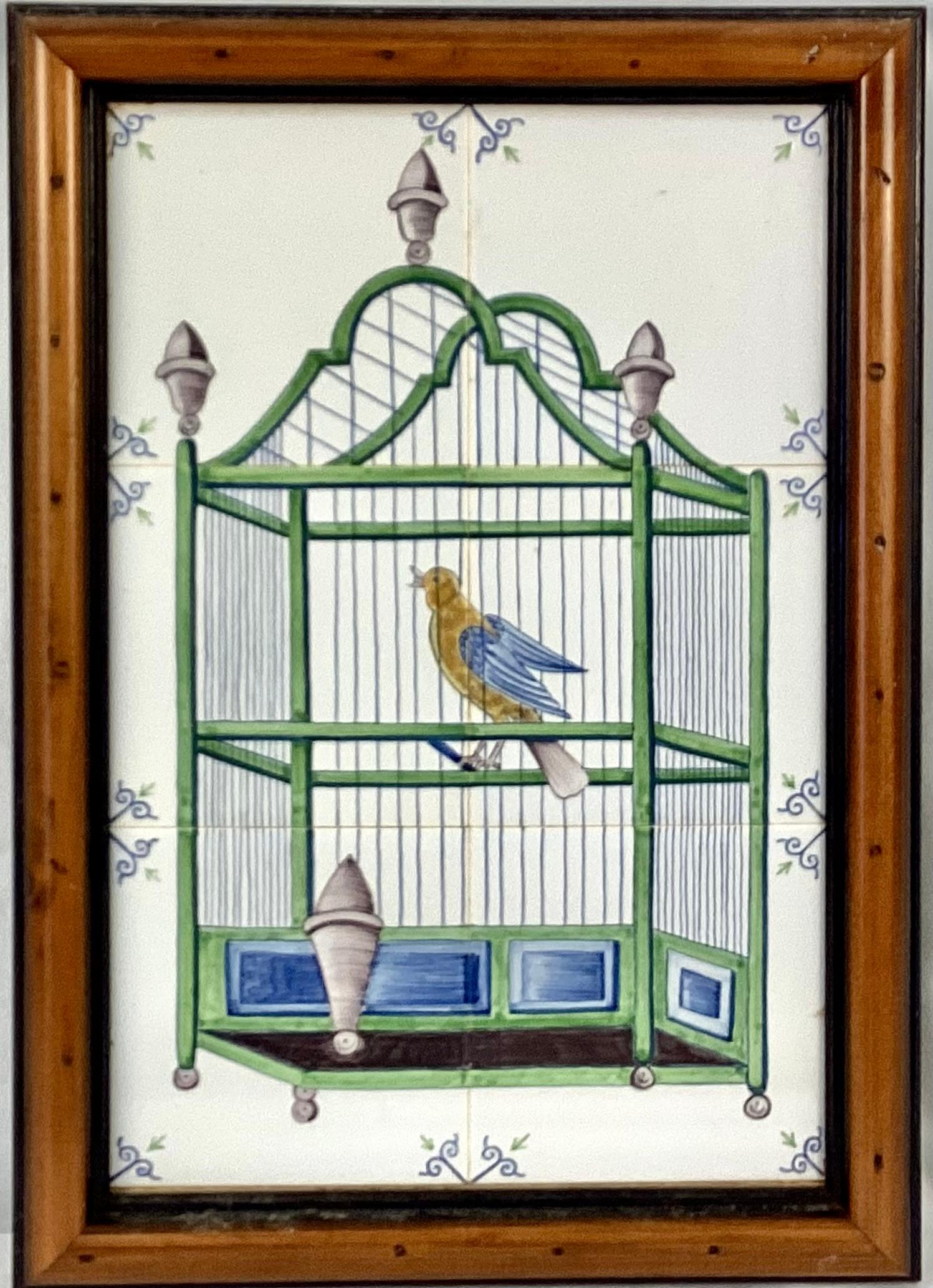Ceramic Delft Bird In Cage Tile Mural, Framed For Sale
