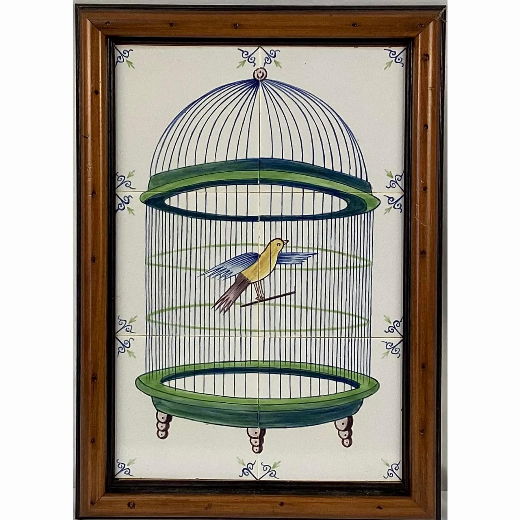 Delft Bird In Cage Tile Mural, Framed For Sale 1
