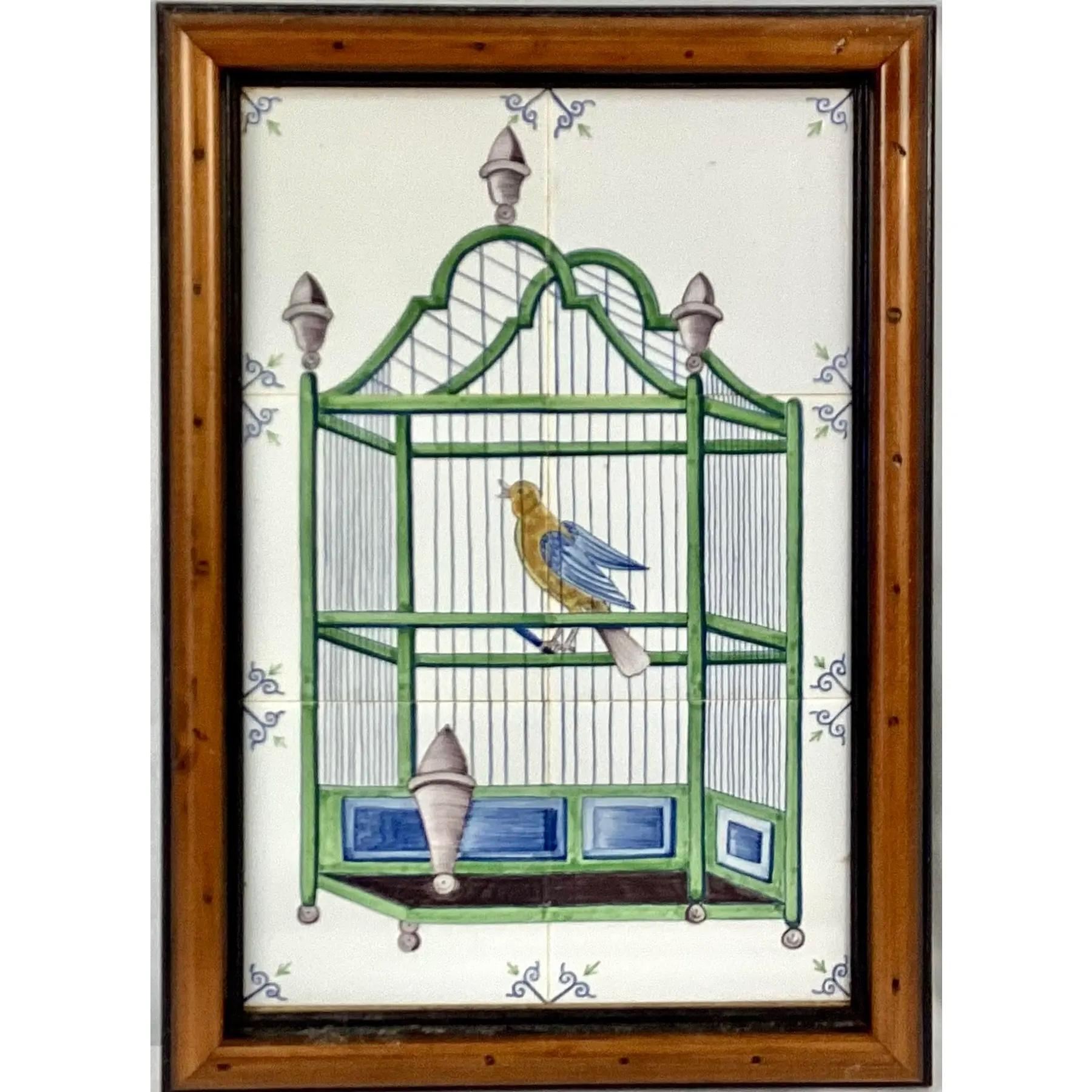 Delft Bird In Cage Tile Mural, Framed For Sale 1