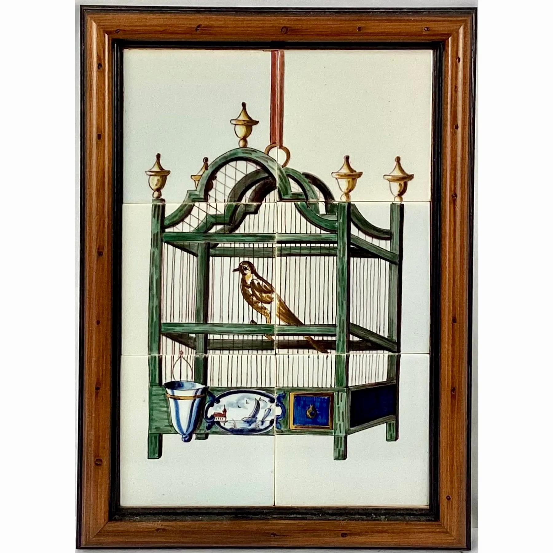 Delft Vogel in Käfig Fliesen Wandbild, gerahmt im Angebot 1