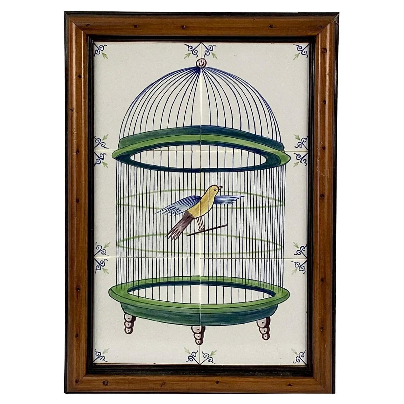Delft Bird In Cage Tile Mural, Framed