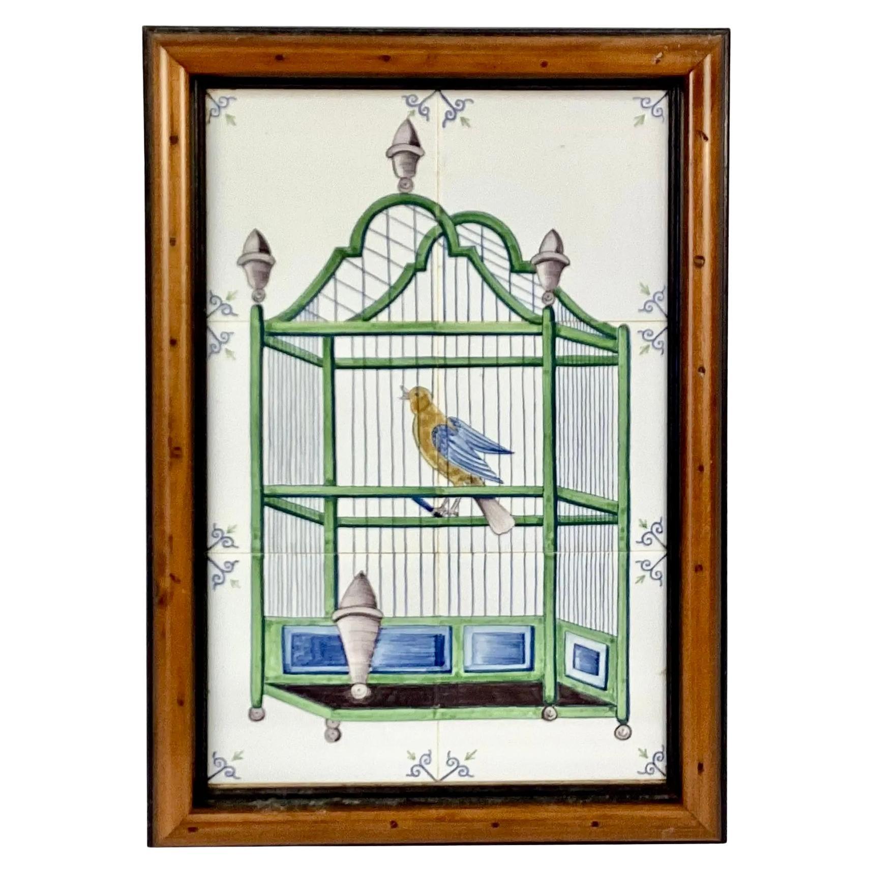 Delft Bird In Cage Tile Mural, Framed For Sale