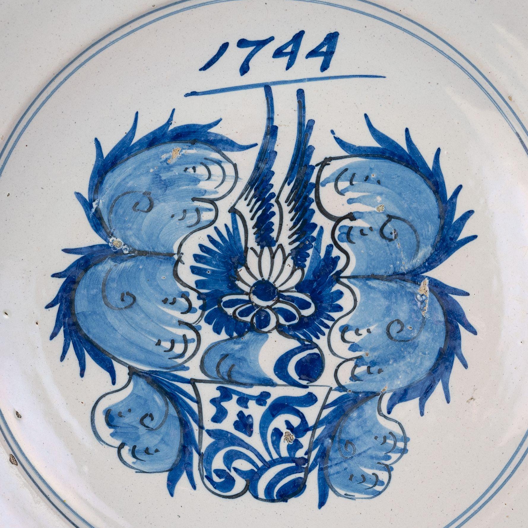 Baroque Delft Blue and White Armorial Majolica Dish, Harlingen, Dated 1744 For Sale