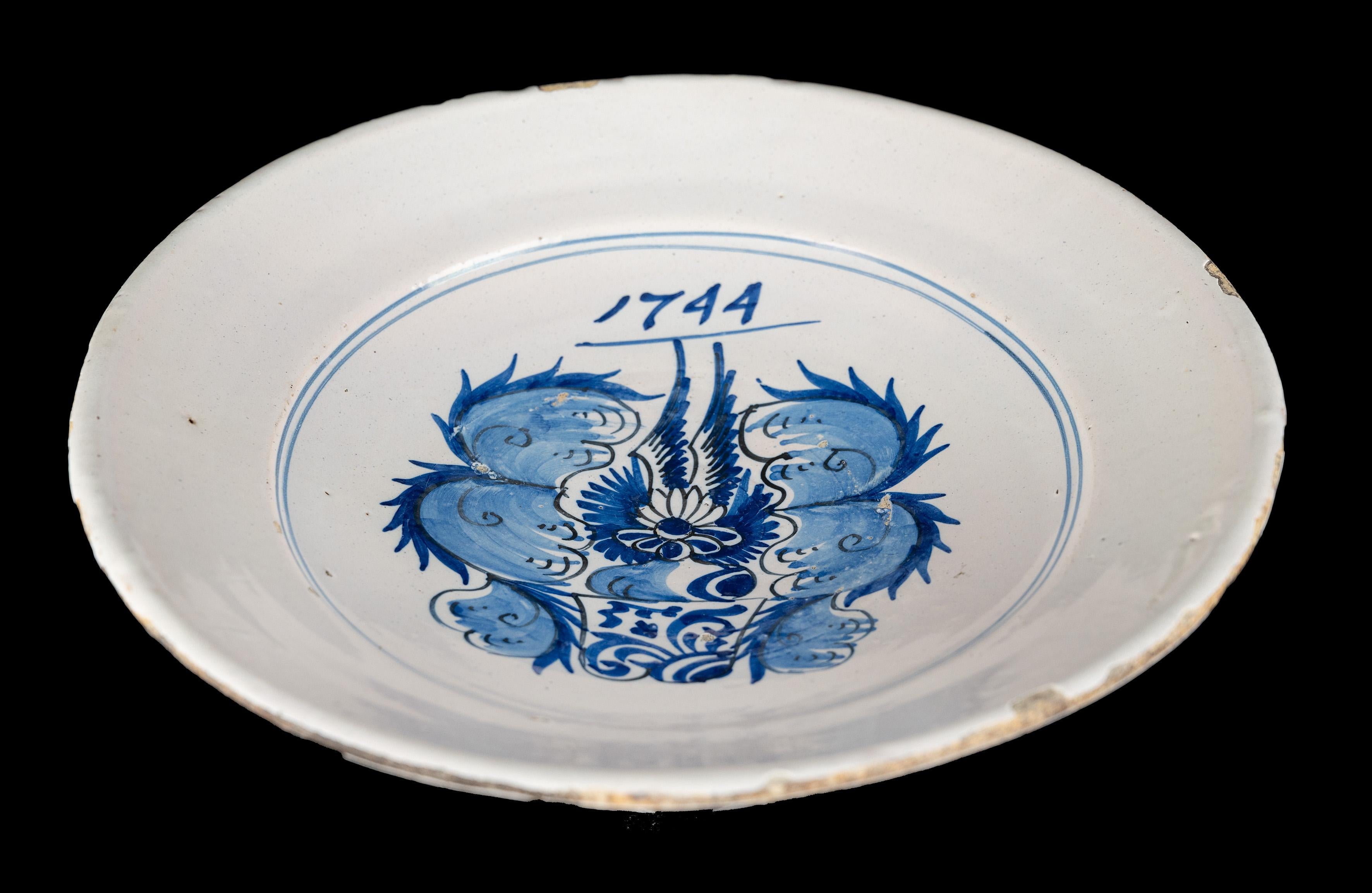 Glazed Delft Blue and White Armorial Majolica Dish, Harlingen, Dated 1744 For Sale