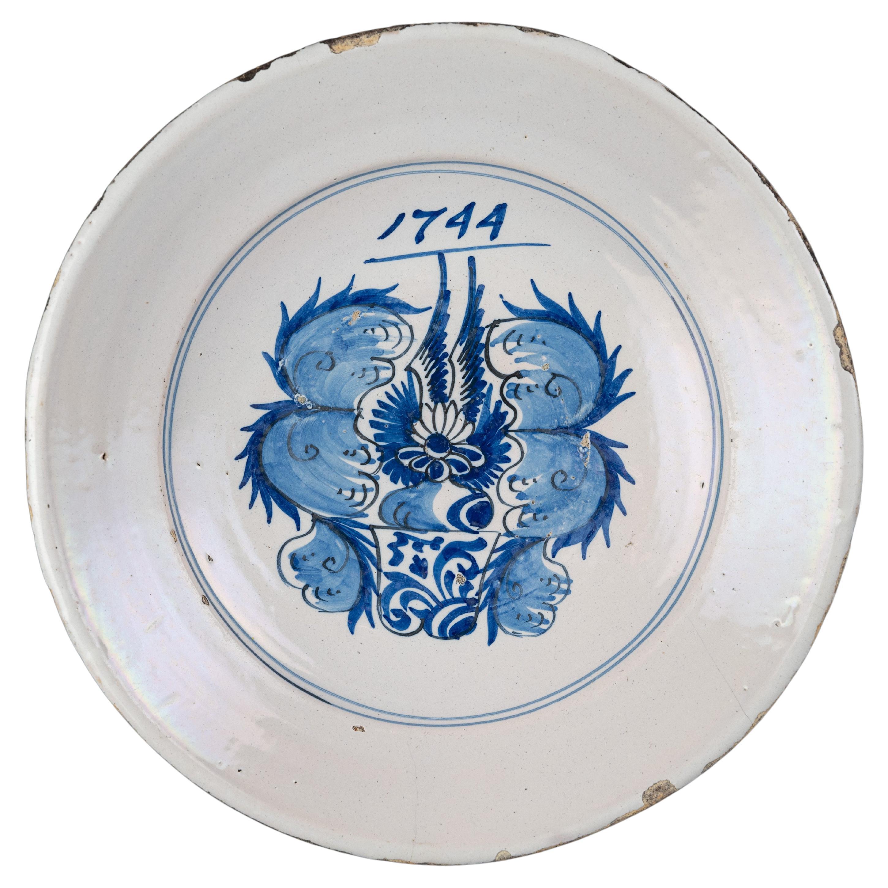 Delft Blue and White Armorial Majolica Dish, Harlingen, Dated 1744 For Sale