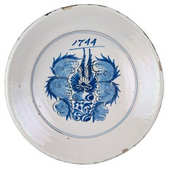 Delft Blue and White Armorial Majolica Dish, Harlingen, Dated 1744