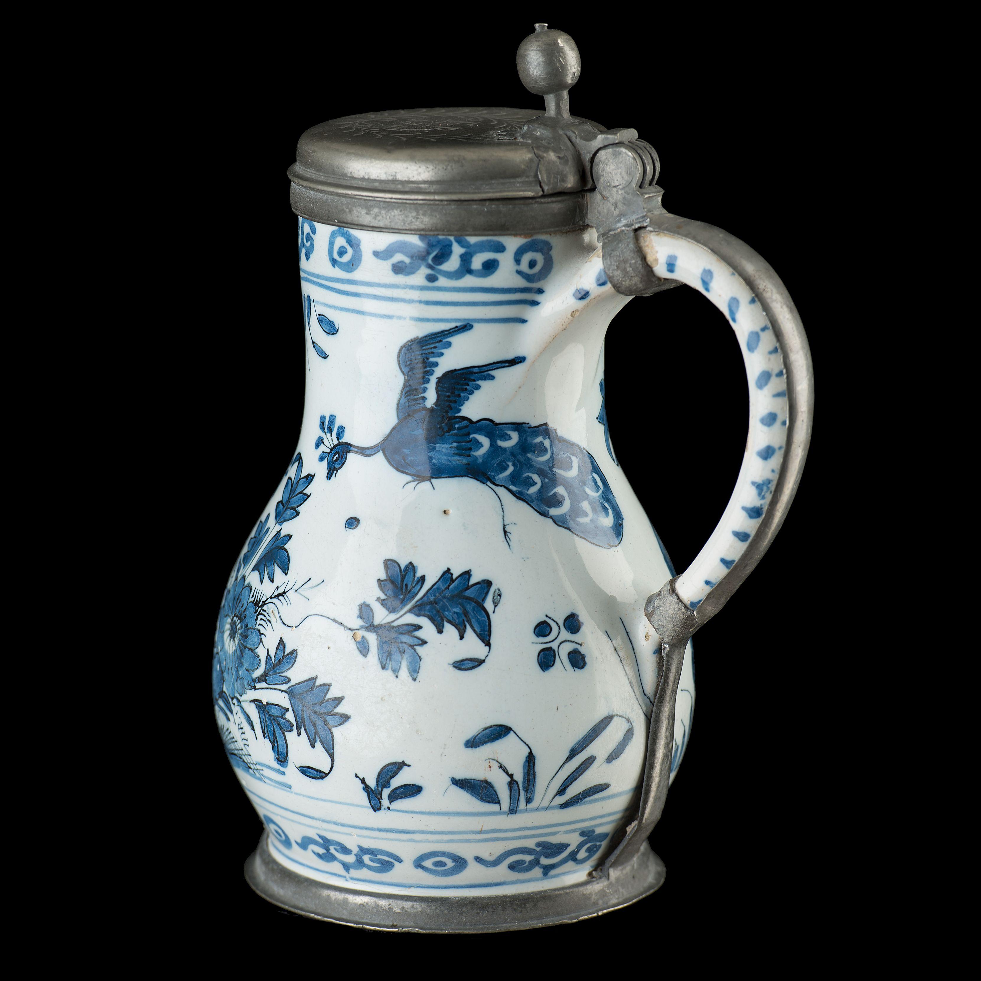 Hand-Painted Delft, Blue and White Beer Mug with Peacock in Garden, circa 1680-1700 For Sale