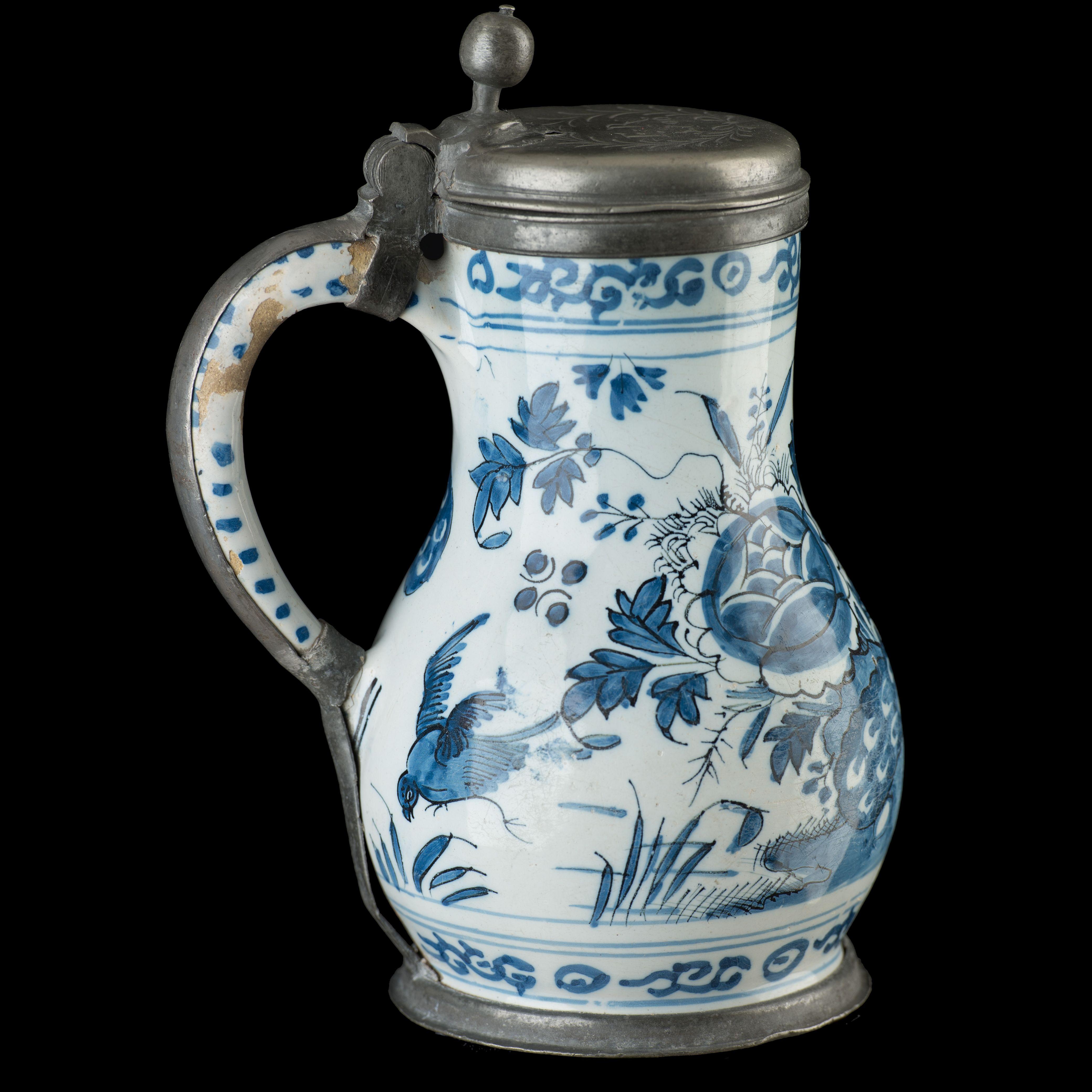 Dutch Delft, Blue and white beer mug with peacock in garden Delft, 1680-1700 For Sale