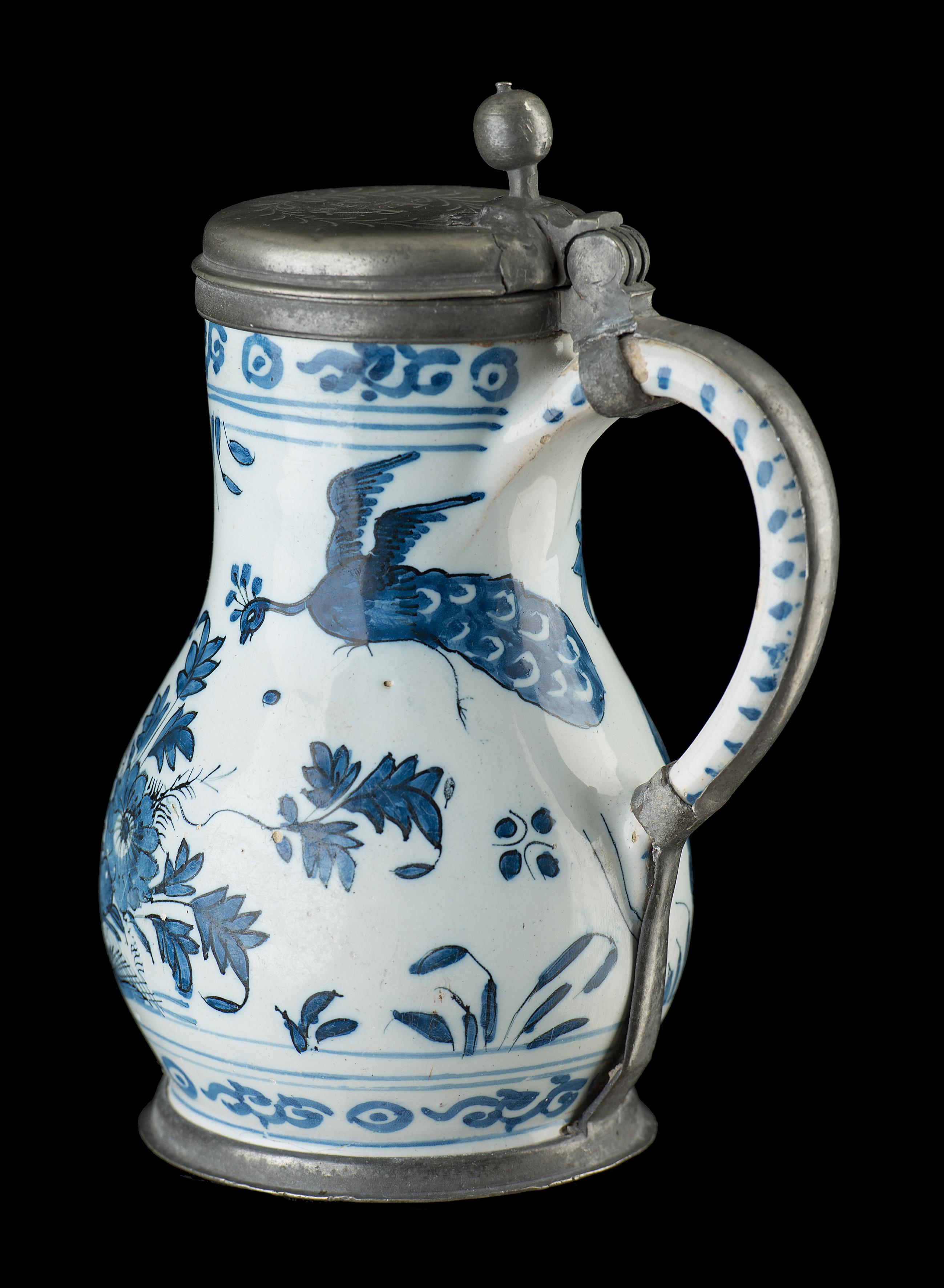 Glazed Delft, Blue and white beer mug with peacock in garden Delft, 1680-1700 For Sale