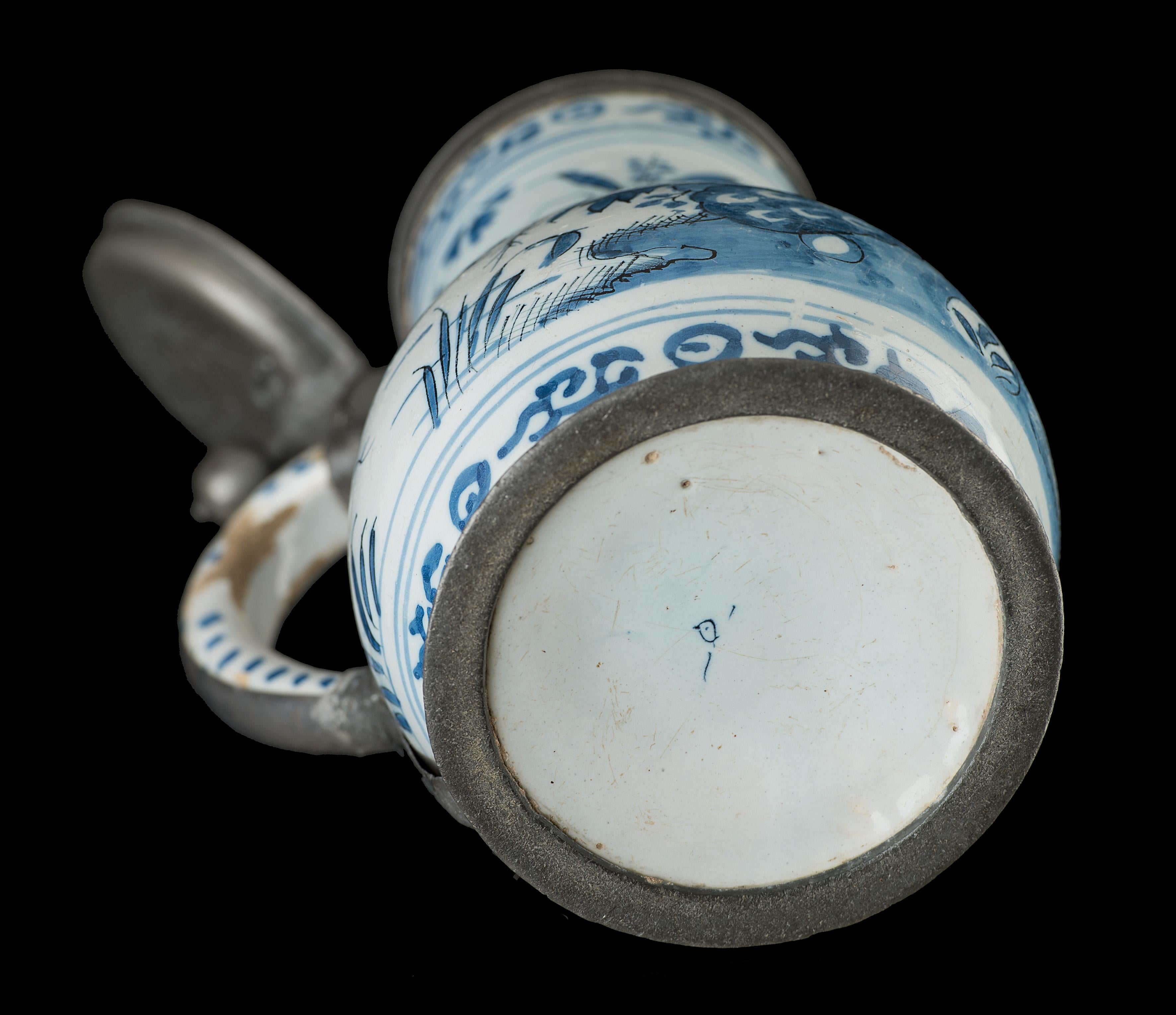 17th Century Delft, Blue and white beer mug with peacock in garden Delft, 1680-1700 For Sale