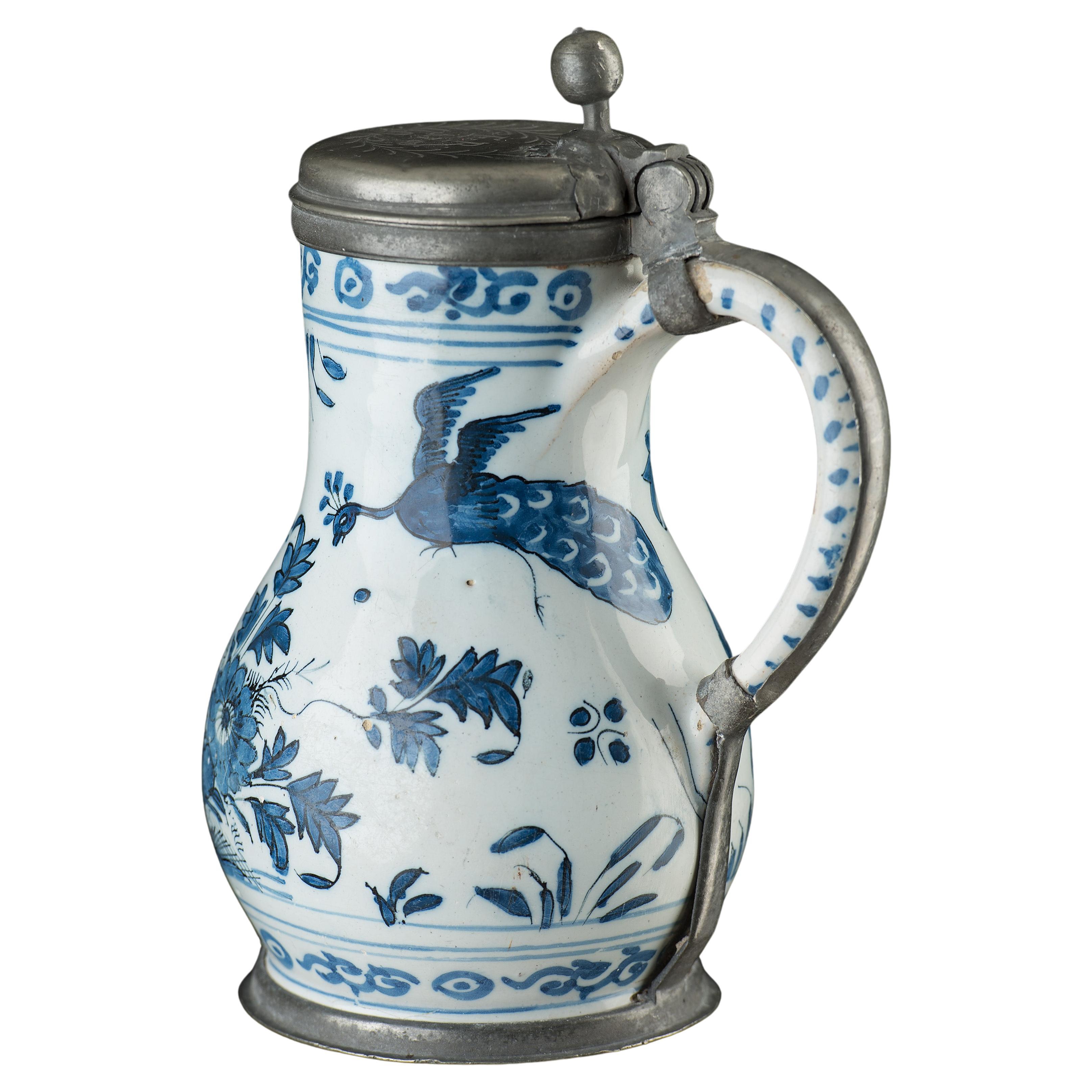 Delft, Blue and white beer mug with peacock in garden Delft, 1680-1700 